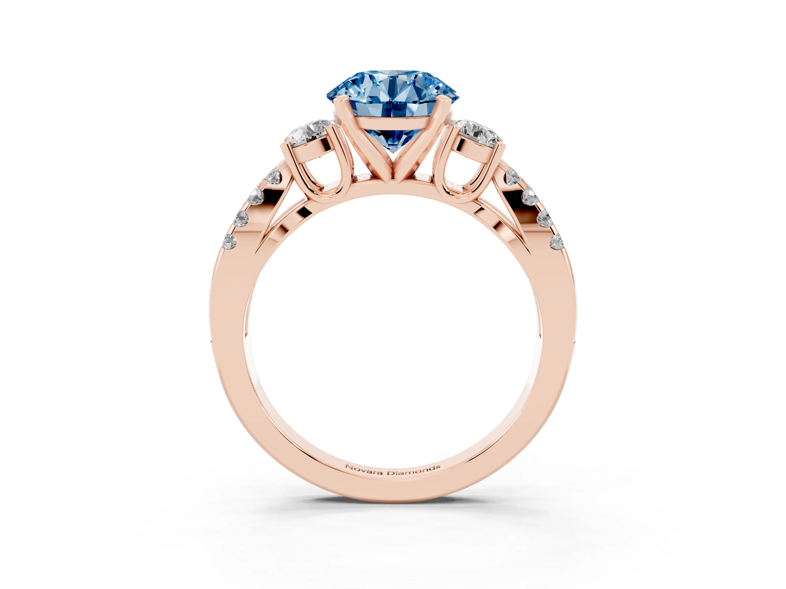 Fancy Blue Round Cut Diamond Three-Stone Ring Set in Rose gold with Pavé Split Shank and Prong Setting