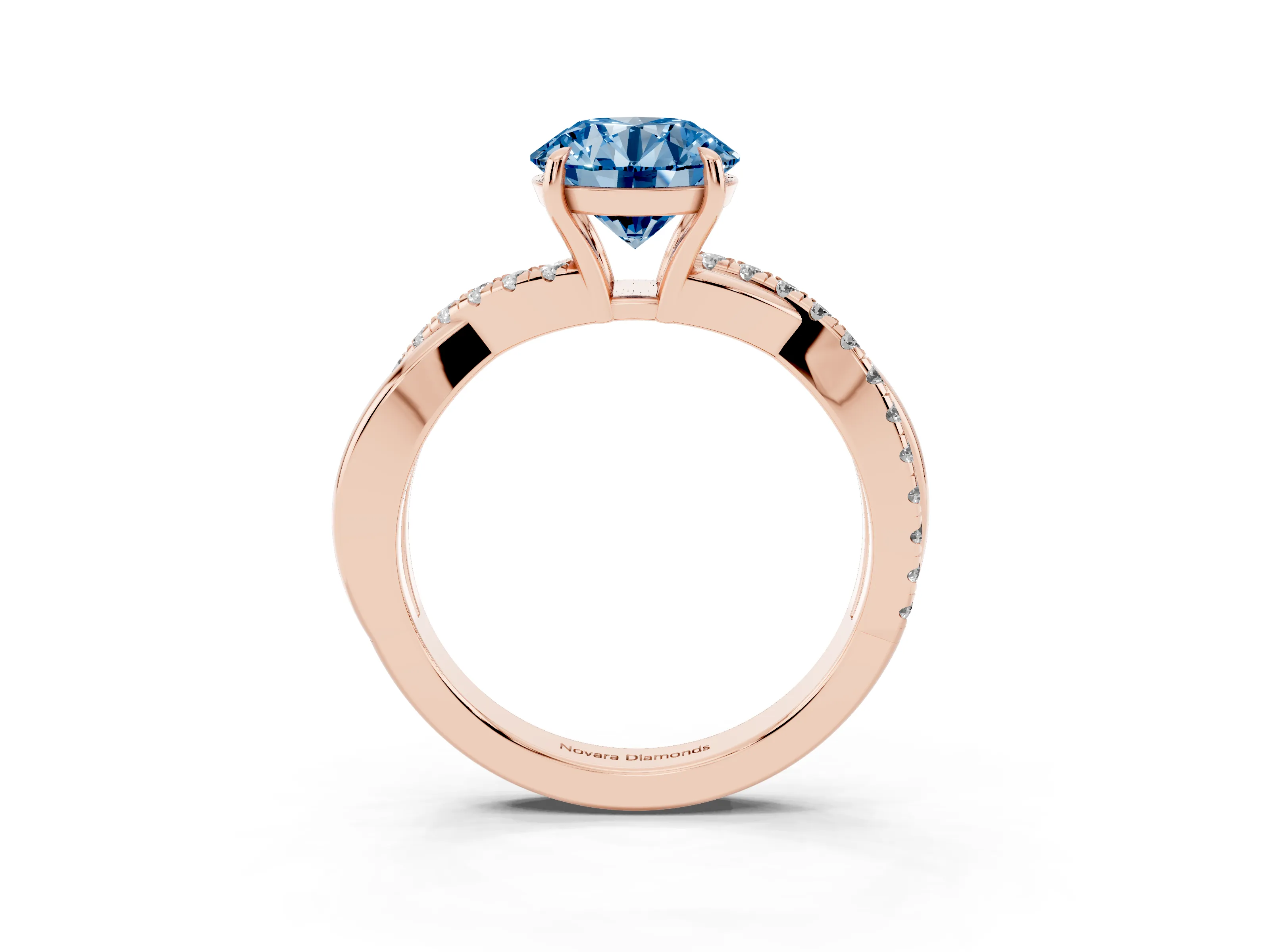 Fancy Blue Round Cut Diamond Twisted Pavé Band Ring Set in Rose gold with Prong Setting
