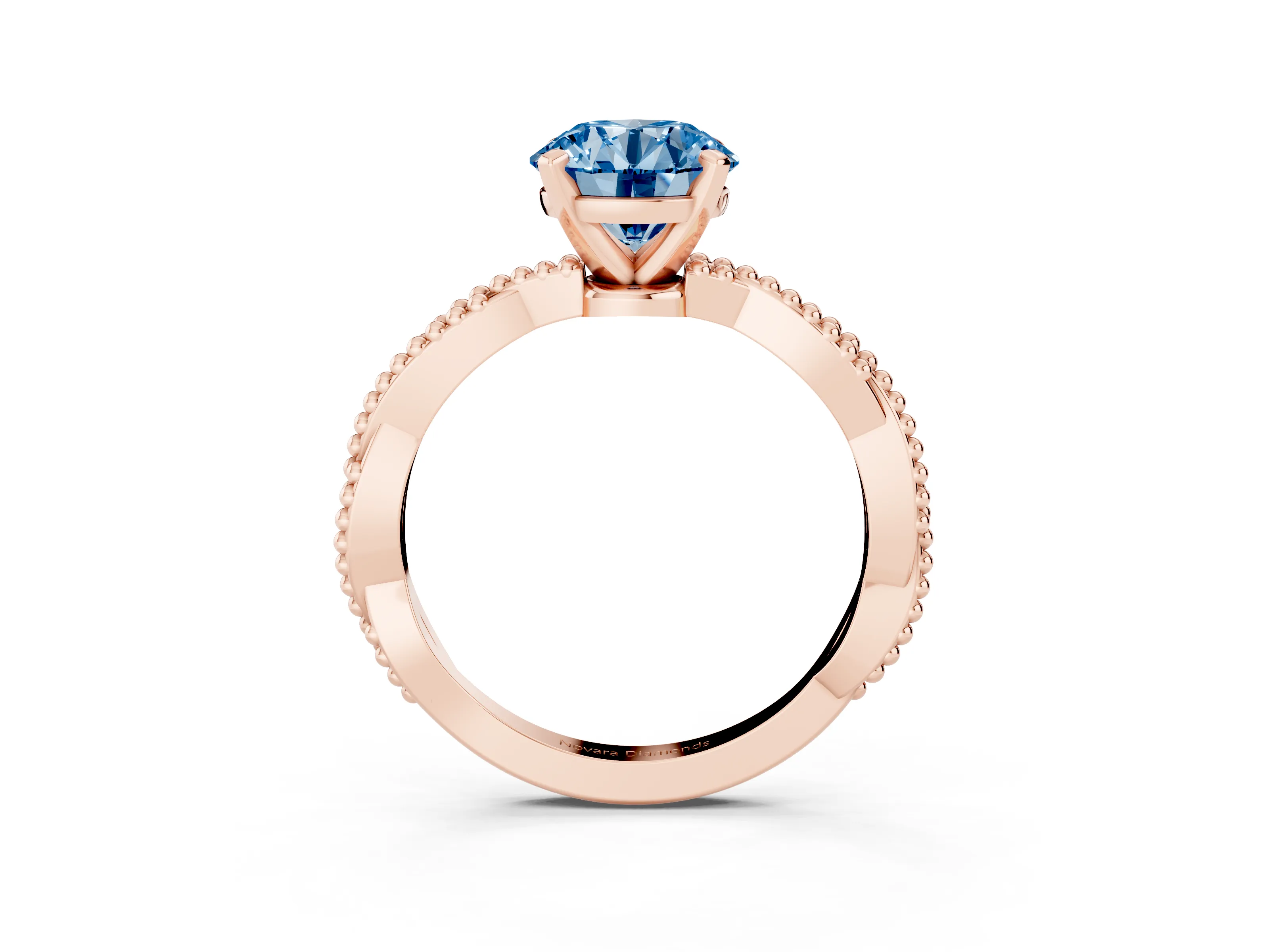 Fancy Blue Round Cut Diamond Solitaire Ring Set in Rose gold with Twisted Band and Bead Prong Setting