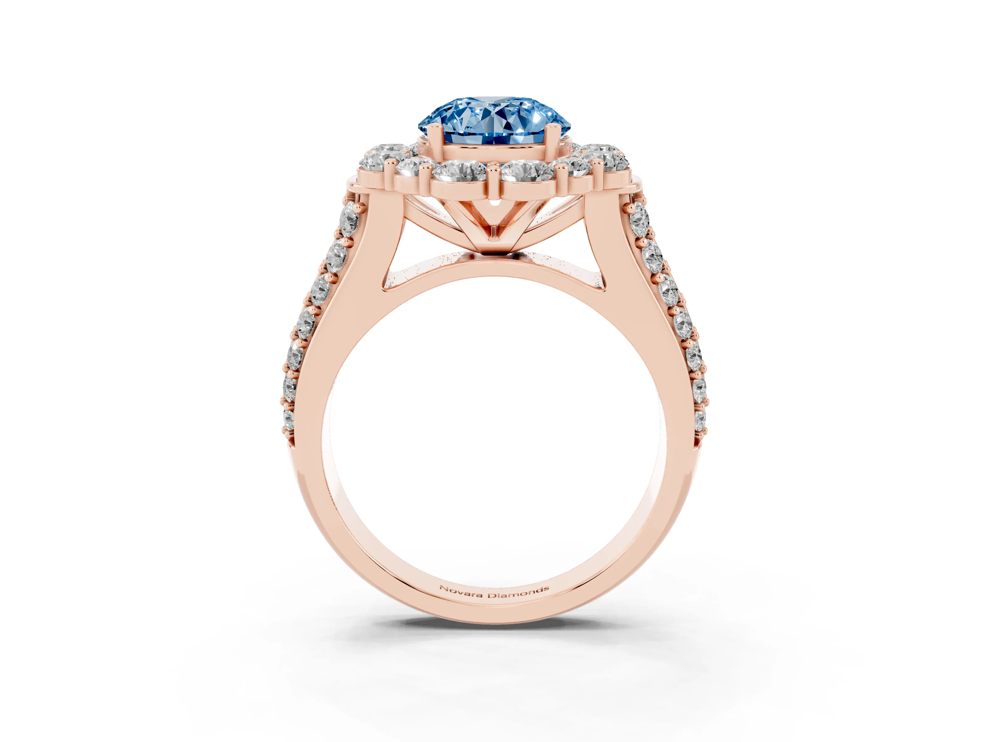 Fancy Blue Round Cut Diamond Halo Engagement Ring Set in Rose gold with Split Shank and Prong Setting