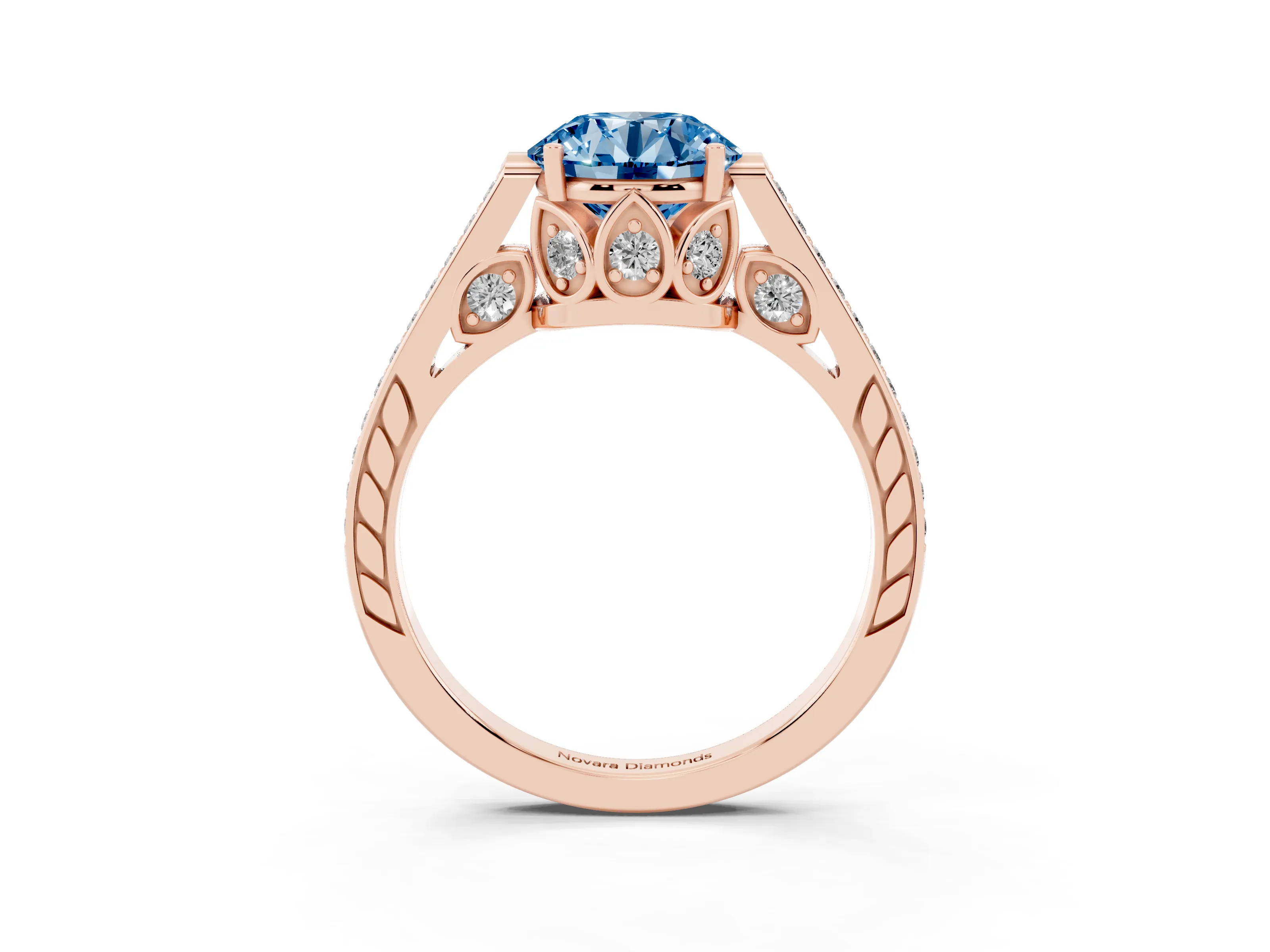 Fancy Blue Round Cut Diamond Cathedral Pavé Engagement Ring Set in Rose gold with Prong Setting