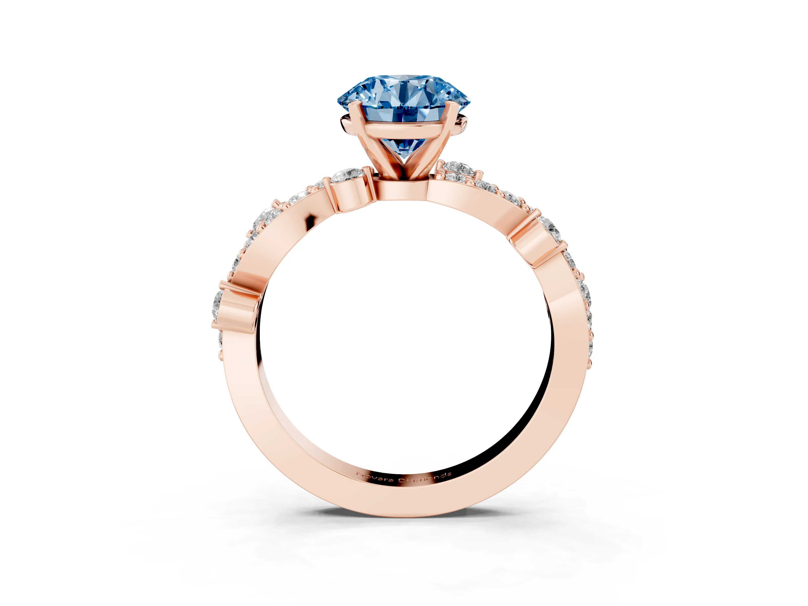 Fancy Blue Round Cut Diamond Solitaire Twisted Band Set in Rose gold with Pavé Setting