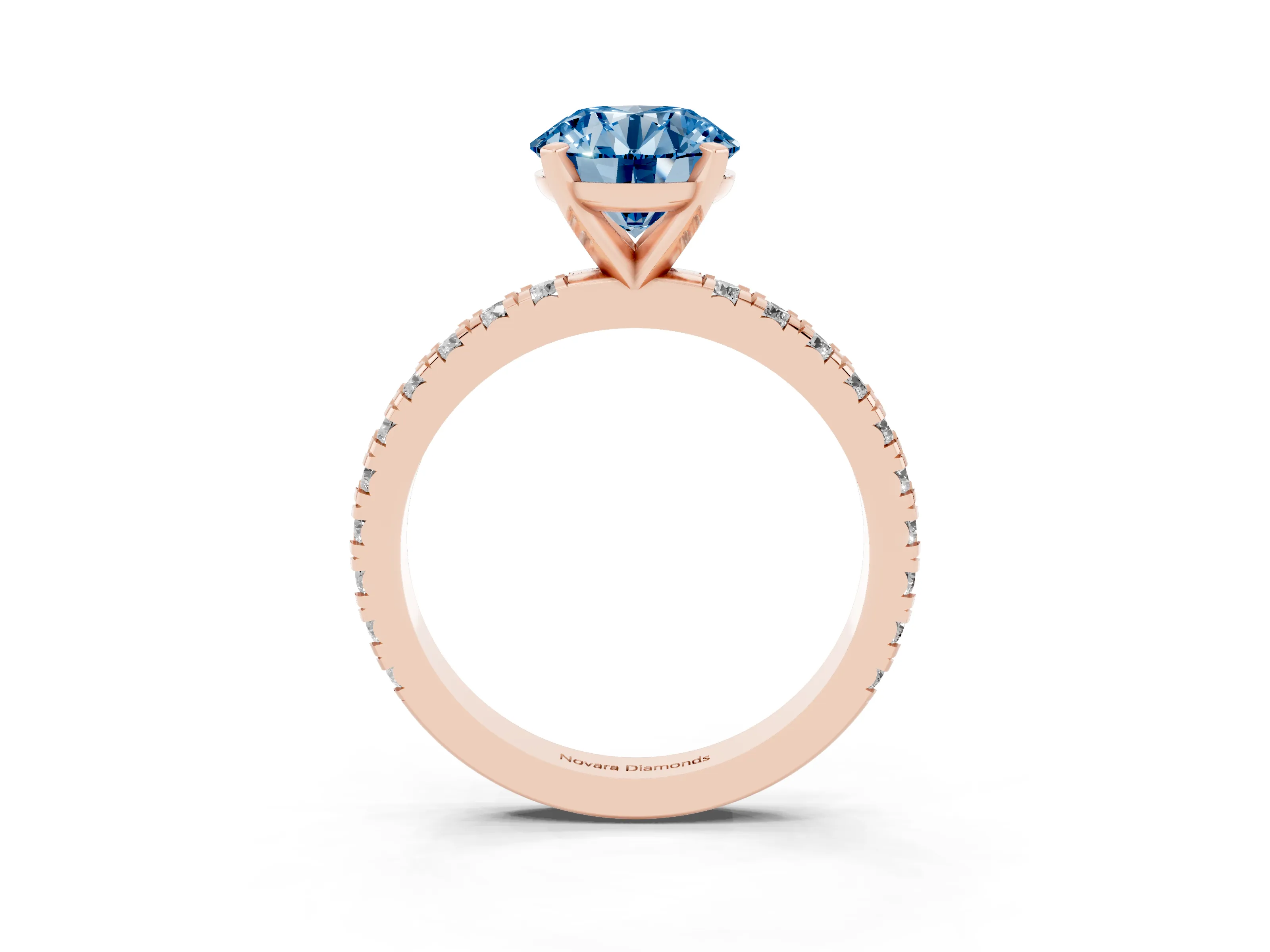 Fancy Blue Round Cut Diamond Pavé Band Solitaire Set in Rose gold with Prong Setting