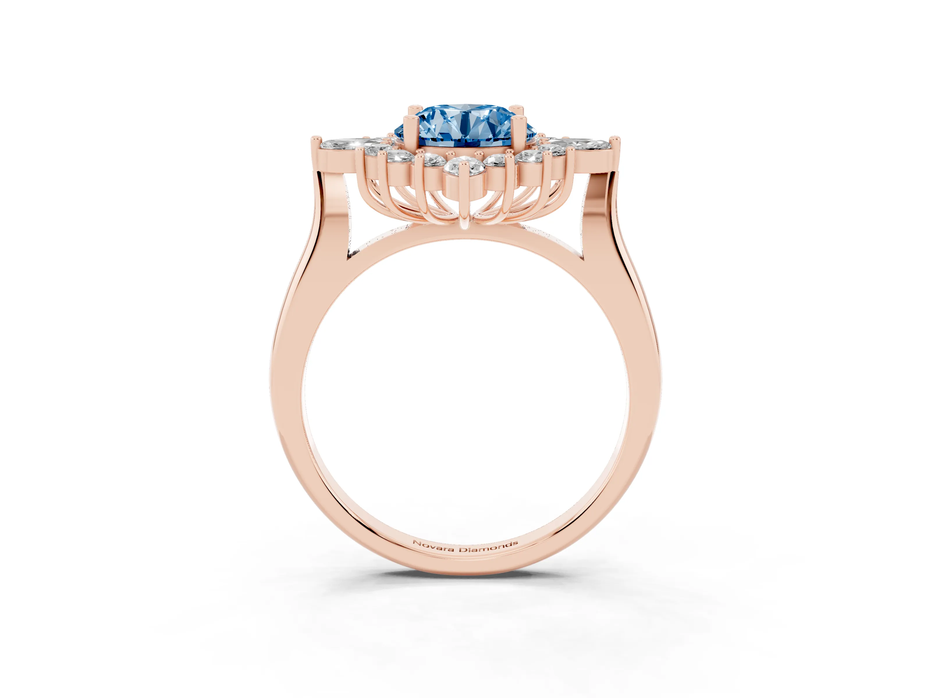 Fancy Blue Round Cut Diamond Cluster Halo Ring Set in Rose gold with Marquise and Round Accents