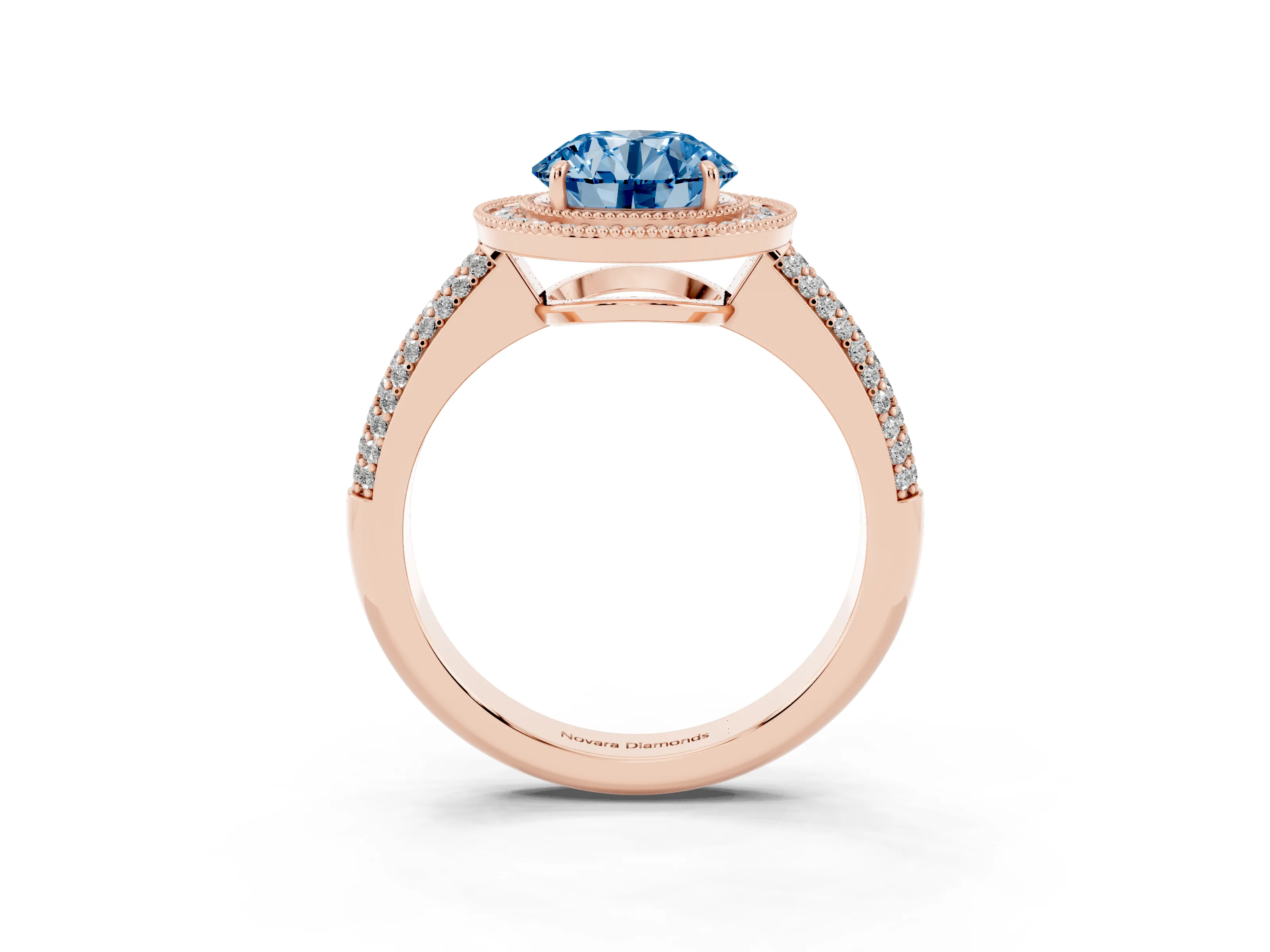 Fancy Blue Round Cut Diamond Halo Pavé Band Set in Rose gold with Prong Setting