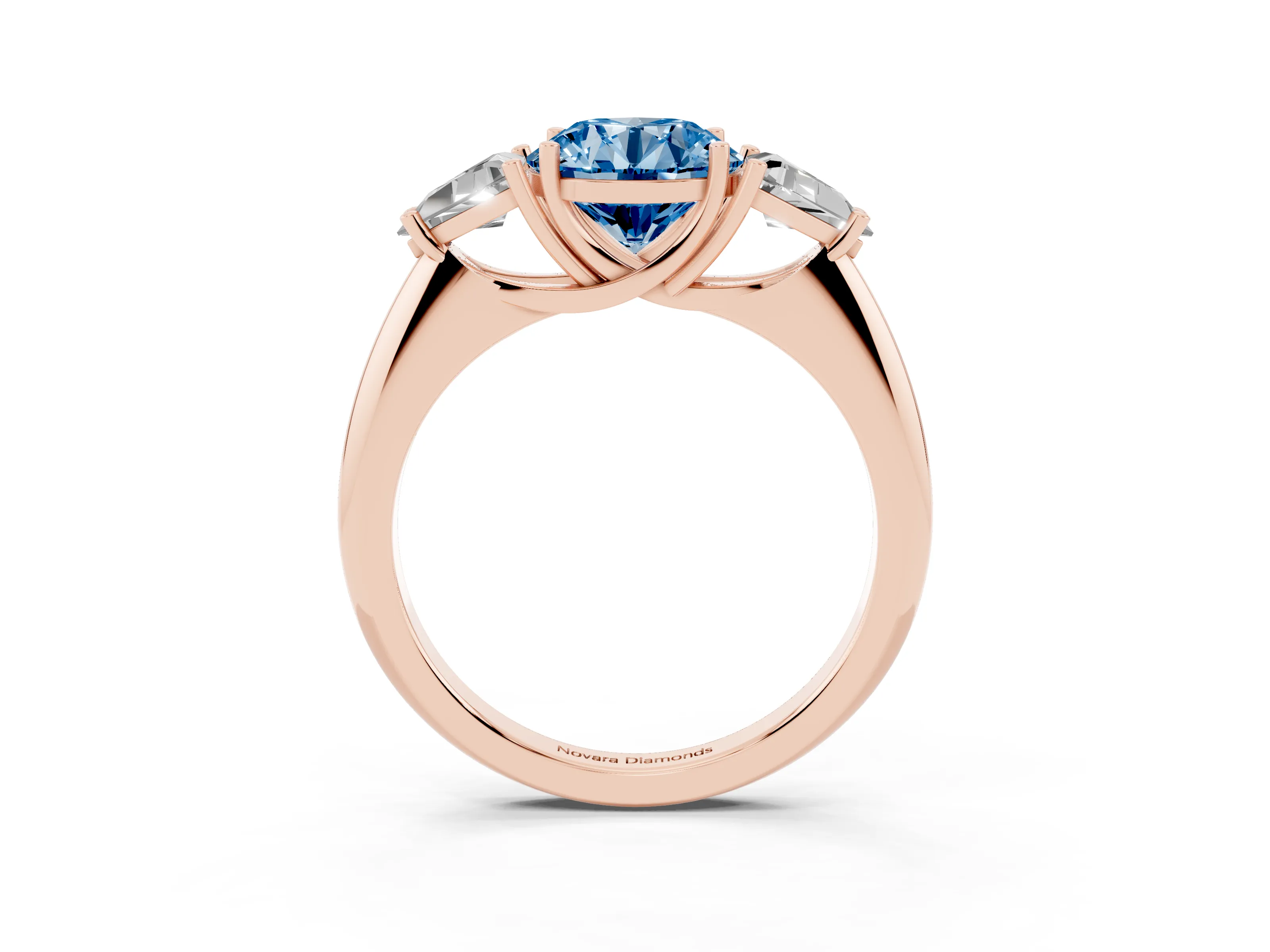 Fancy Blue Round Cut Diamond Three-Stone Engagement Ring Set in Rose gold with Trillion Side Stones