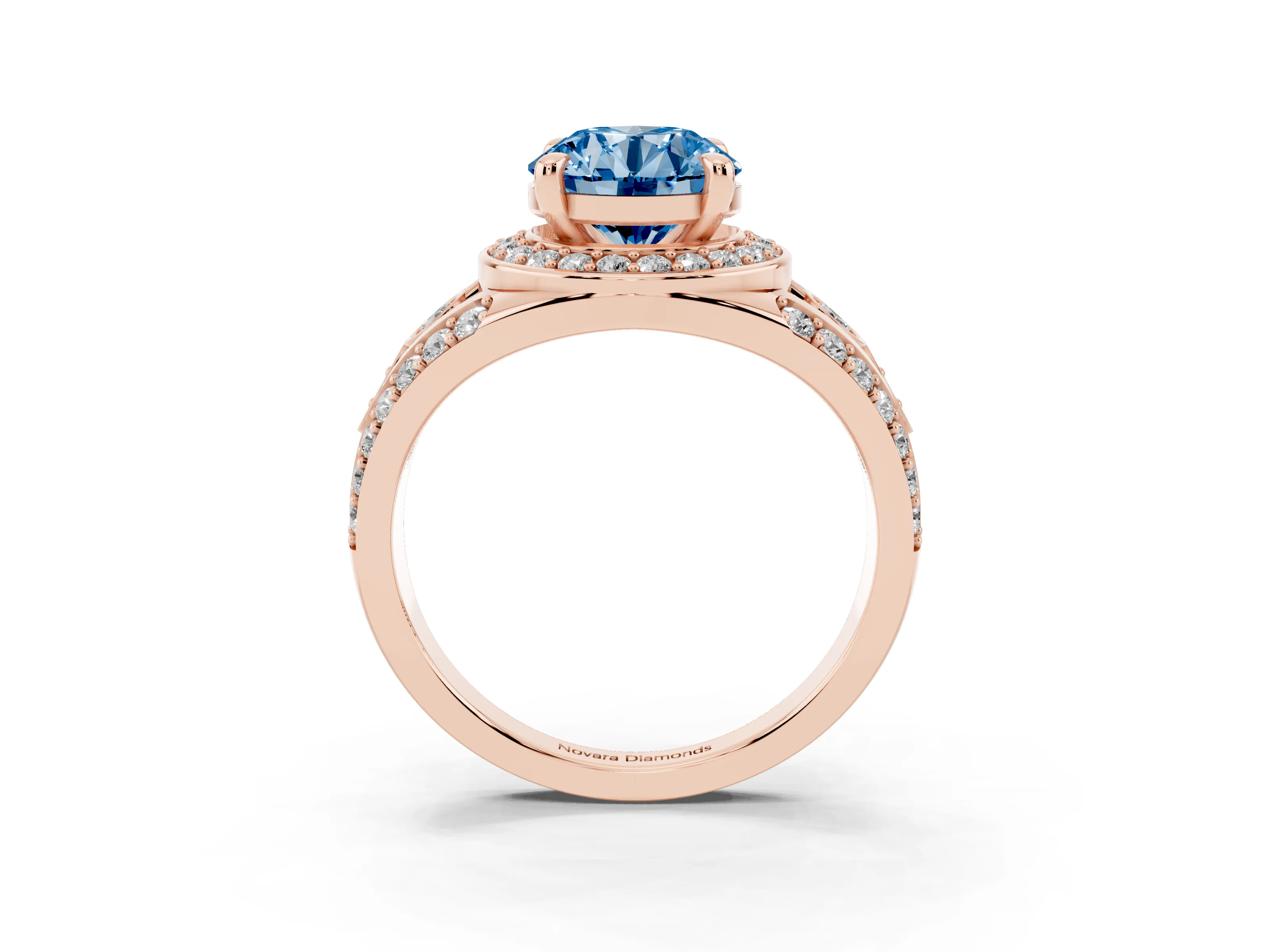 Fancy Blue Round Cut Diamond Halo Ring Set in Rose gold with Pavé Split Shank and Bezel Accents