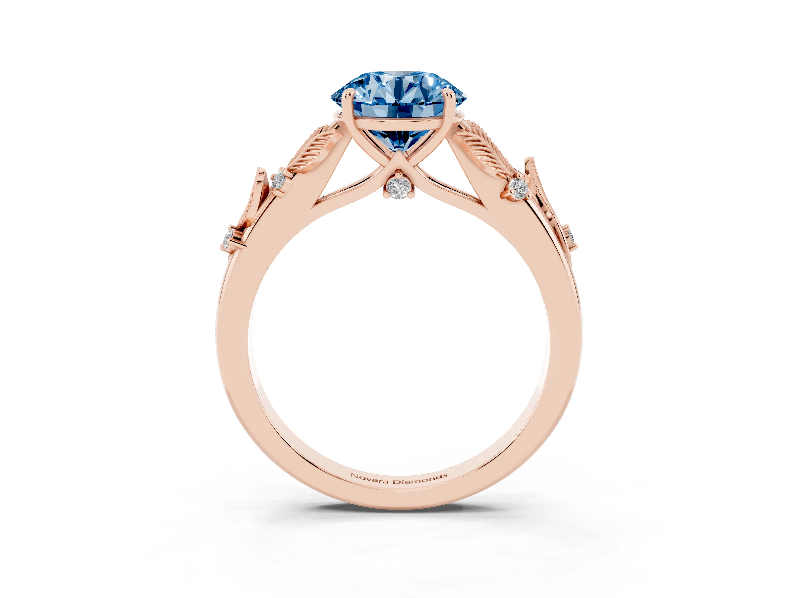 Fancy Blue Round Cut Diamond Solitaire Ring Set in Rose gold with Leaf Motif Band