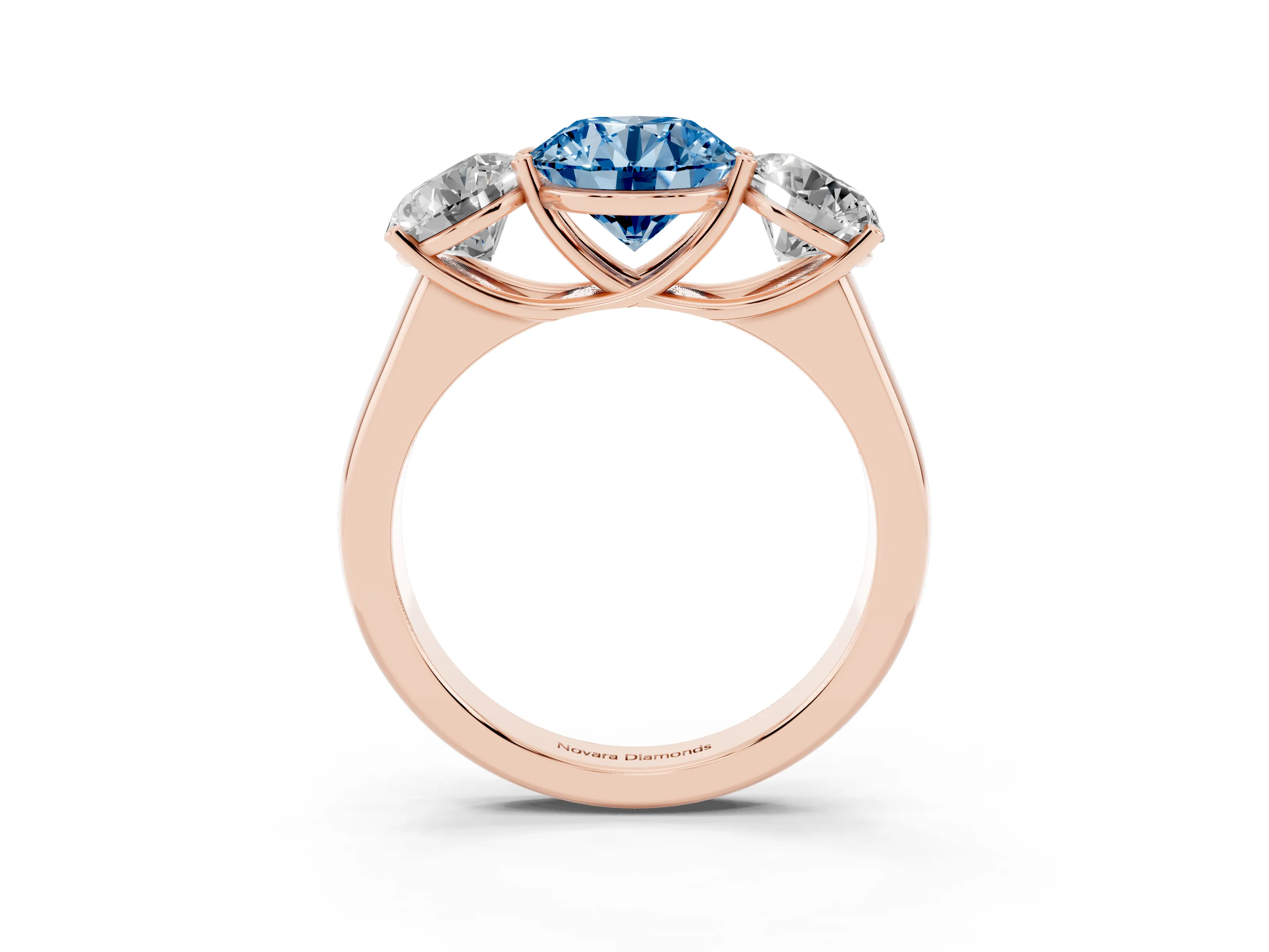 Fancy Blue Round Cut Diamond Three-Stone Ring Set in Rose gold with Plain Polished Band