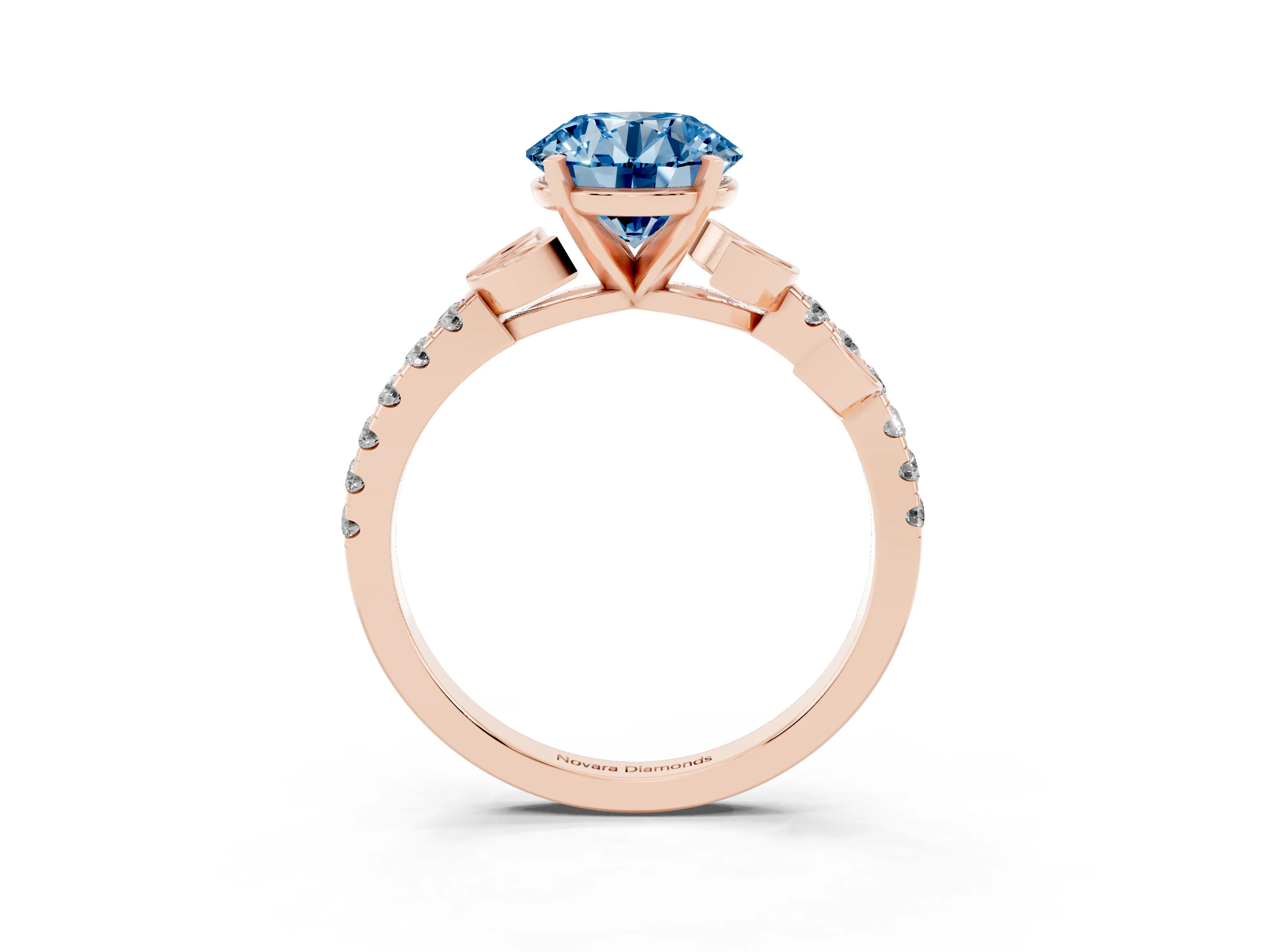 Fancy Blue Round Cut Diamond Solitaire Leaf-Inspired Ring Set in Rose gold with Pavé Band and Prong Setting