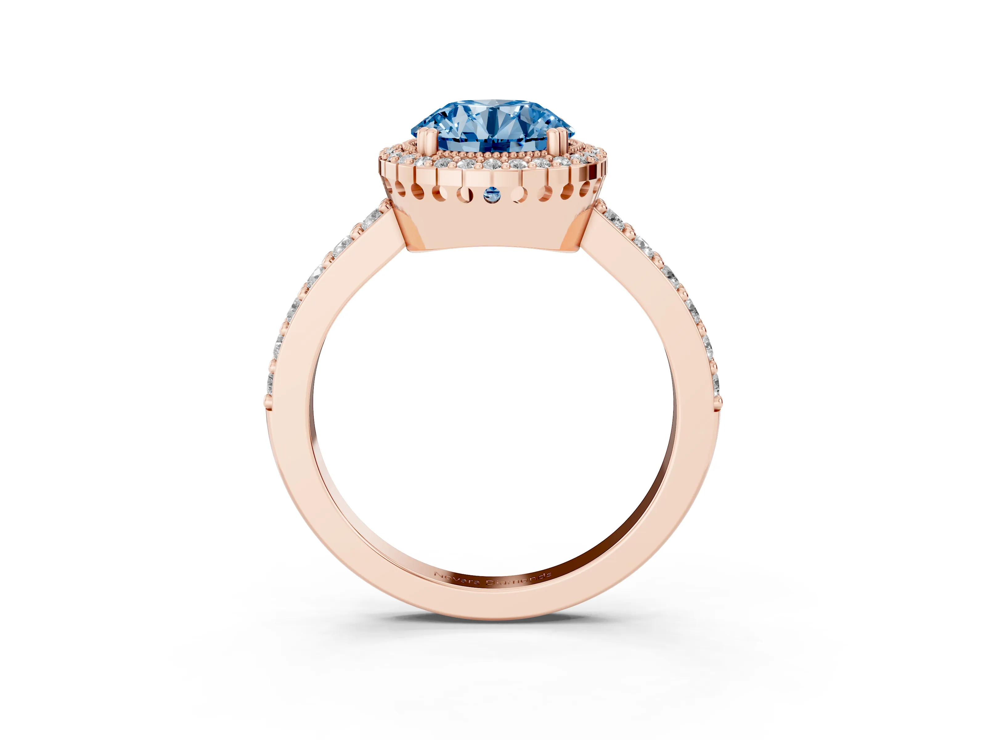 Fancy Blue Round Cut Diamond Halo Engagement Ring Set in Rose gold with Milgrain Detail and Pavé Band
