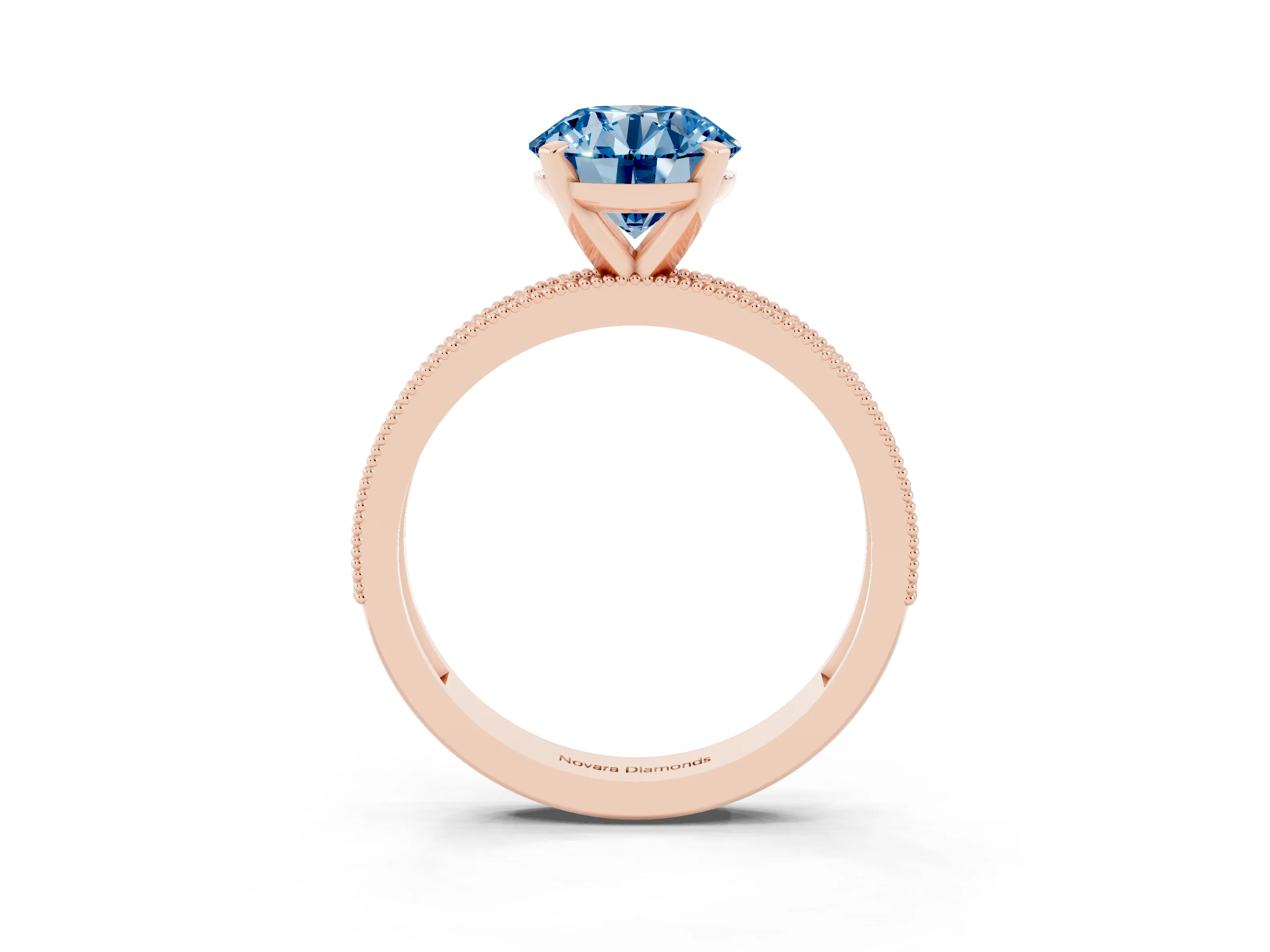 Fancy Blue Round Cut Diamond Milgrain Pavé Engagement Ring Set in Rose gold with Prong Setting