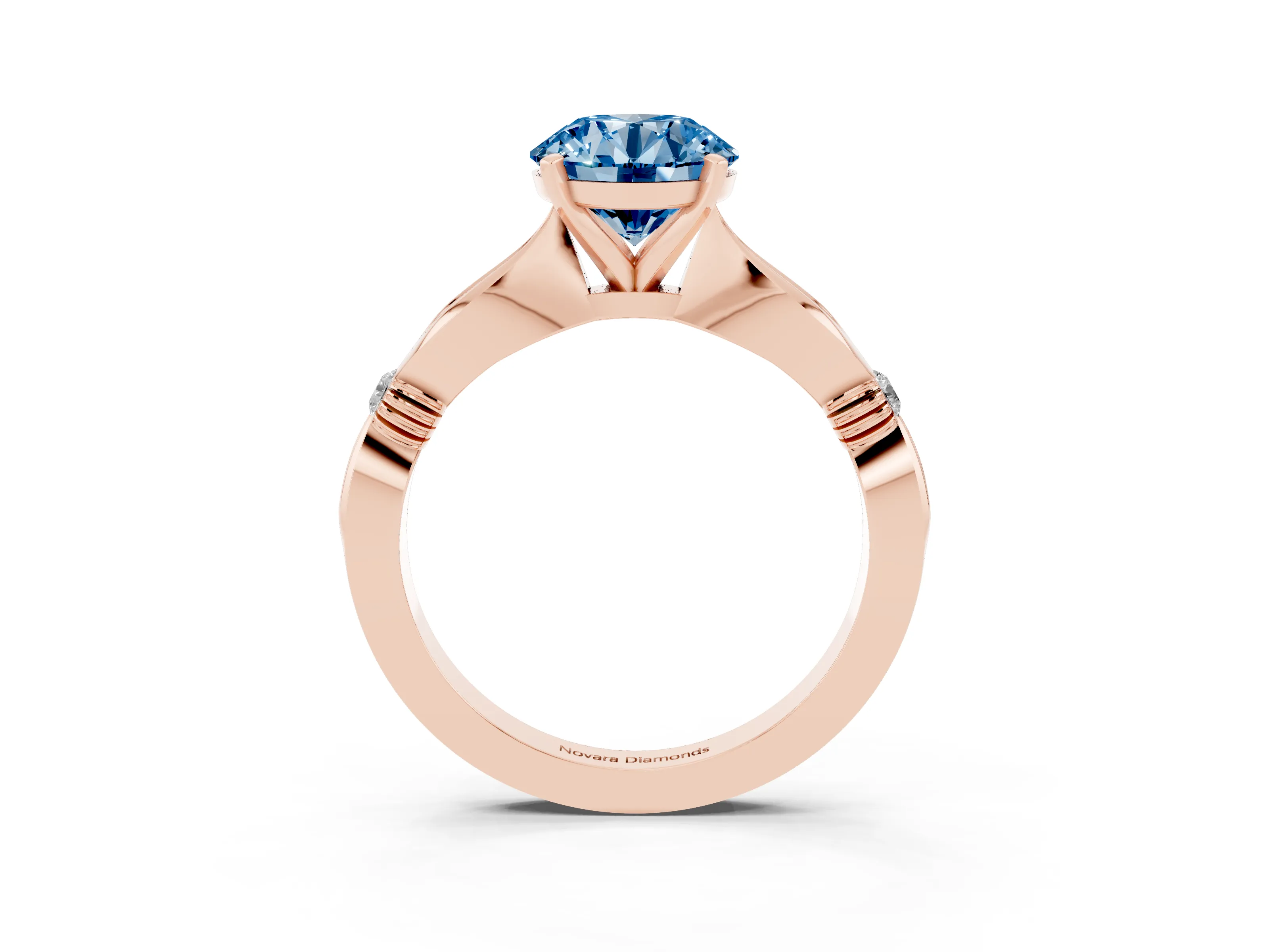 Fancy Blue Round Cut Diamond Solitaire Twisted Band Ring Set in Rose gold with Accent Stones and Prong Setting