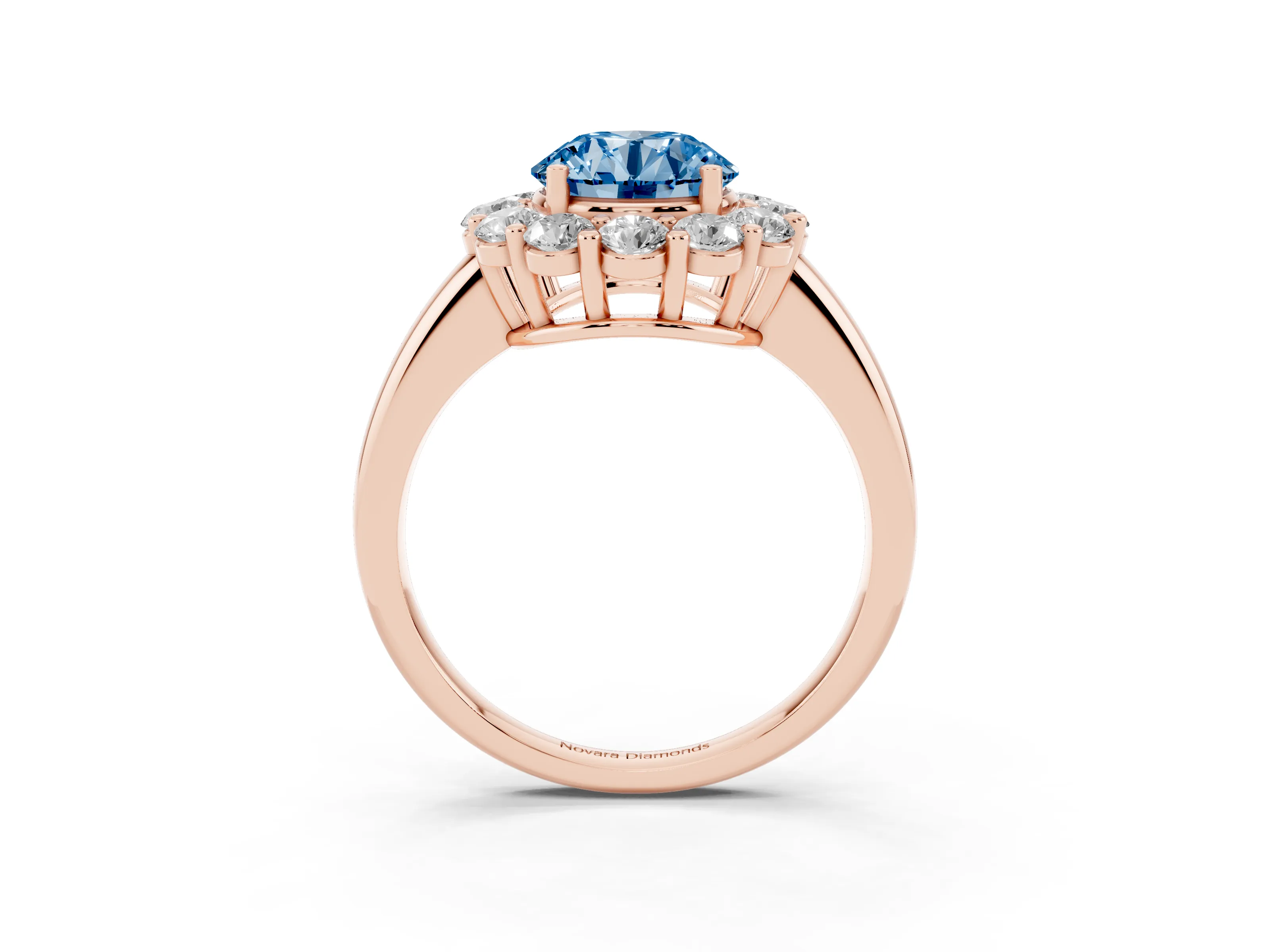 Fancy Blue Round Cut Diamond Halo Cluster Engagement Ring Set in Rose gold with Polished Band and Prong Setting