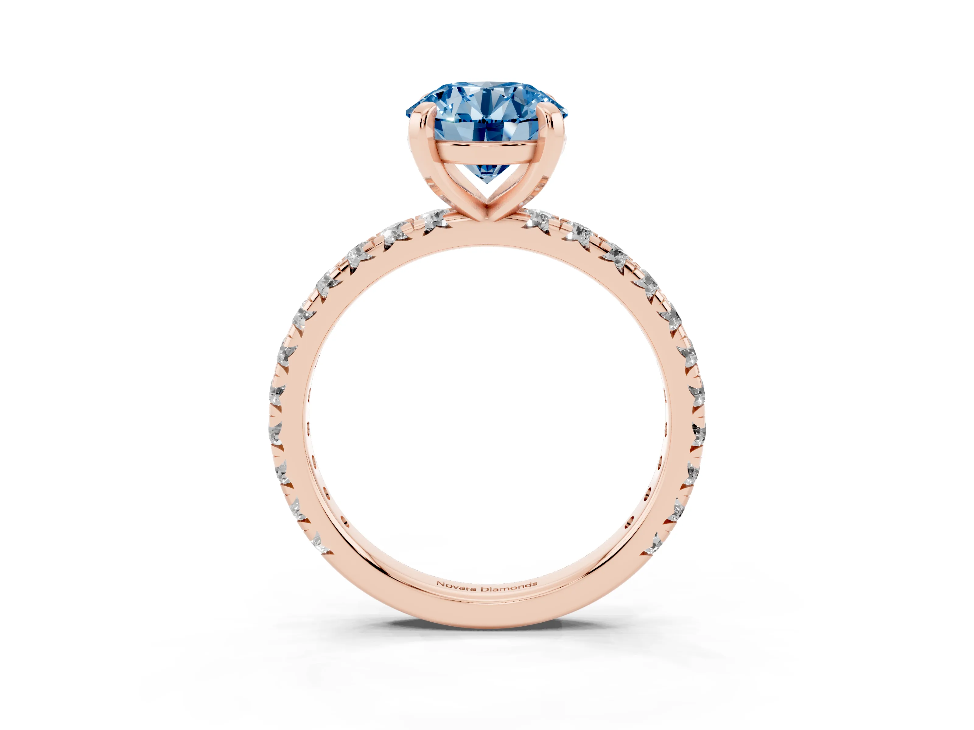 Fancy Blue Round Cut Diamond Pavé Solitaire Ring Set in Rose gold with Round Band and Prong Setting
