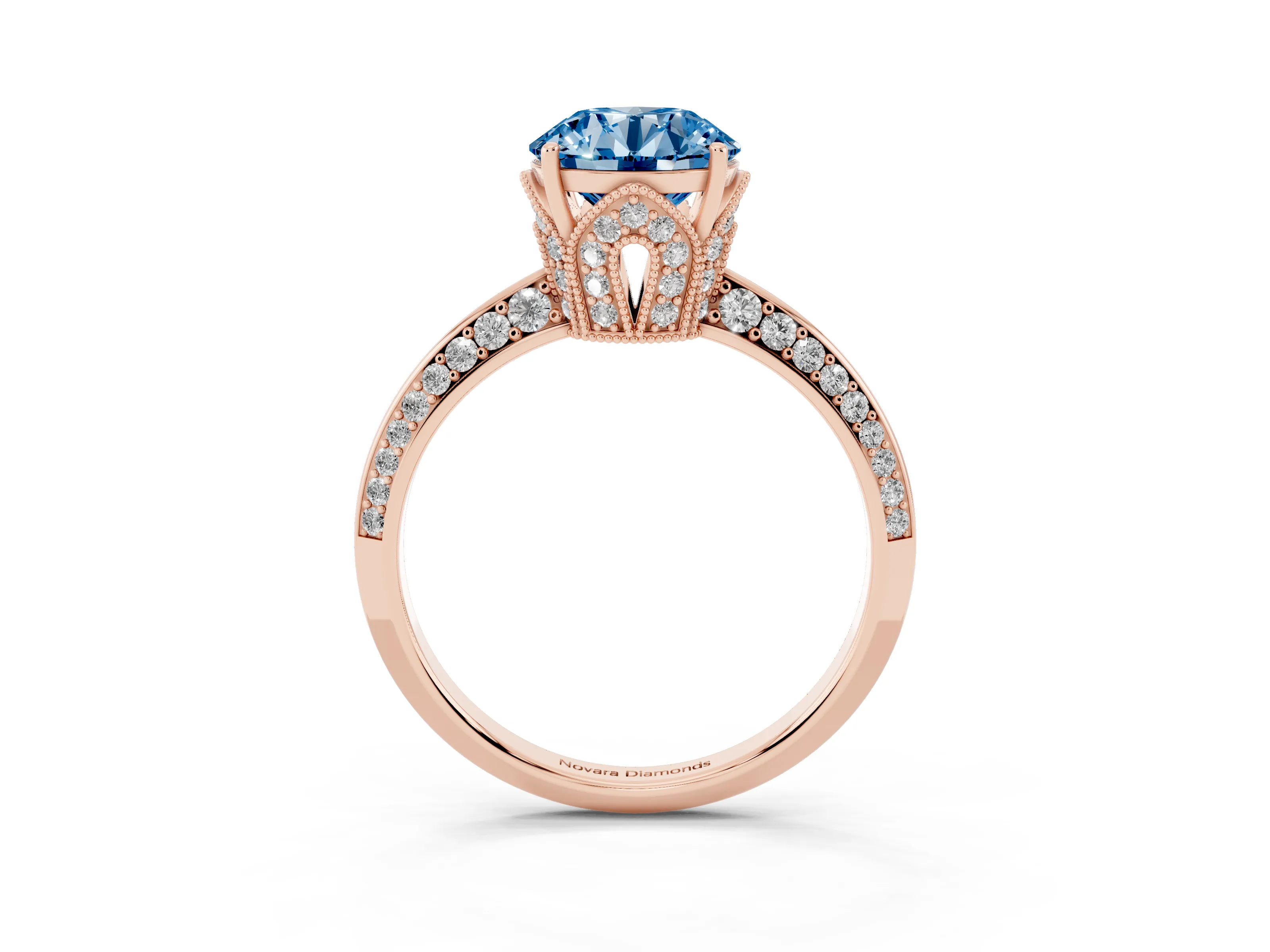 Fancy Blue Round Cut Diamond Solitaire Engagement Ring Set in Rose gold with Pavé Split Shank and Prong Setting