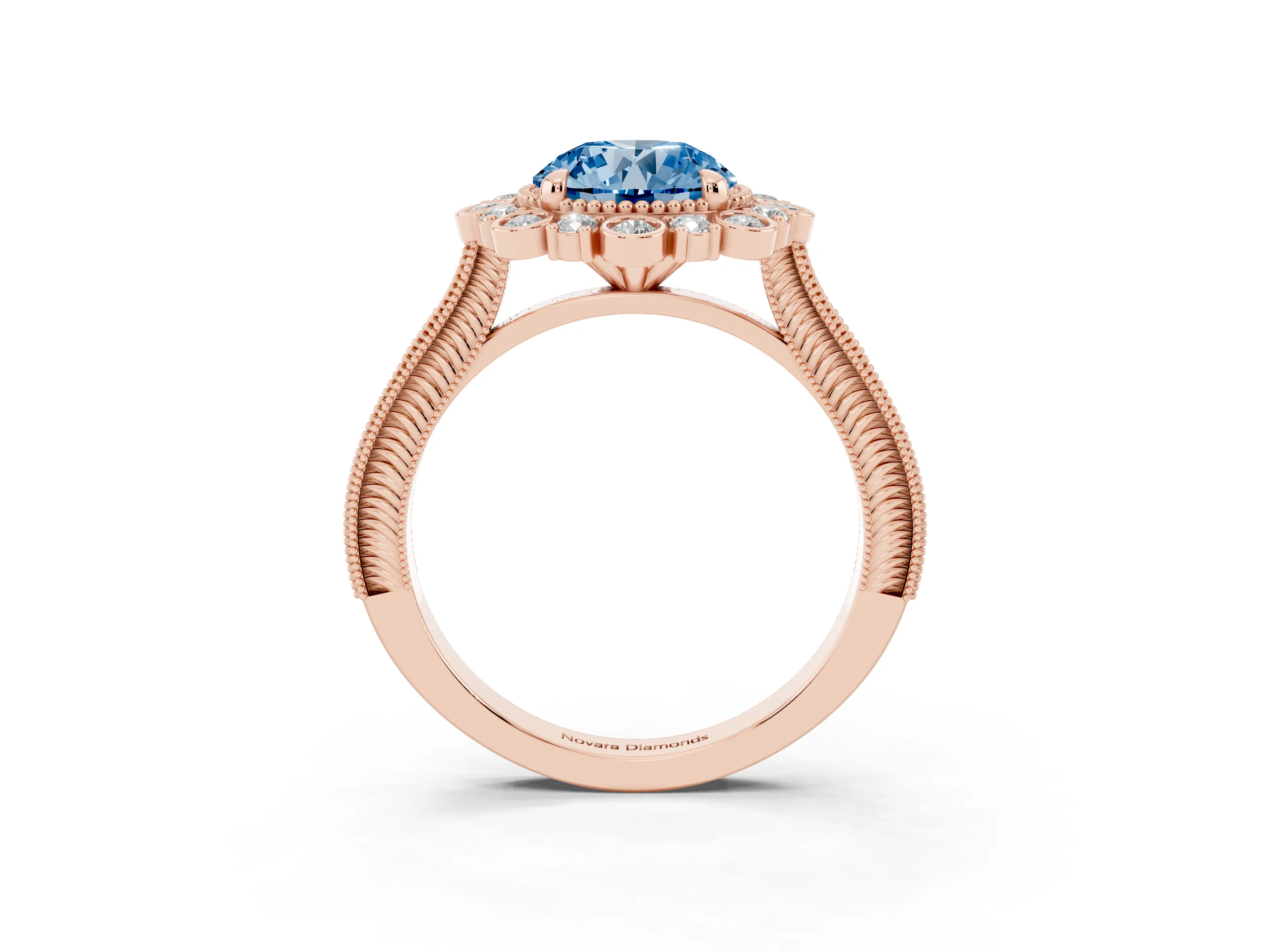 Fancy Blue Round Cut Diamond Halo Milgrain Pavé Ring Set in Rose gold with Prong Setting