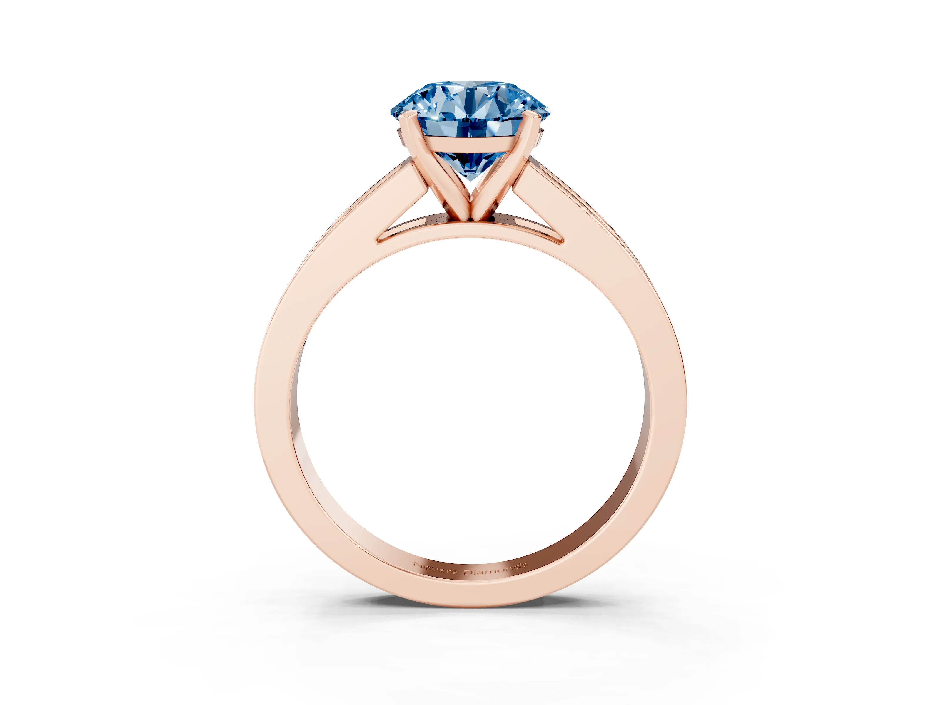 Fancy Blue Round Cut Diamond Solitaire Ring Set in Rose gold with Channel-Set Band and Prong Setting