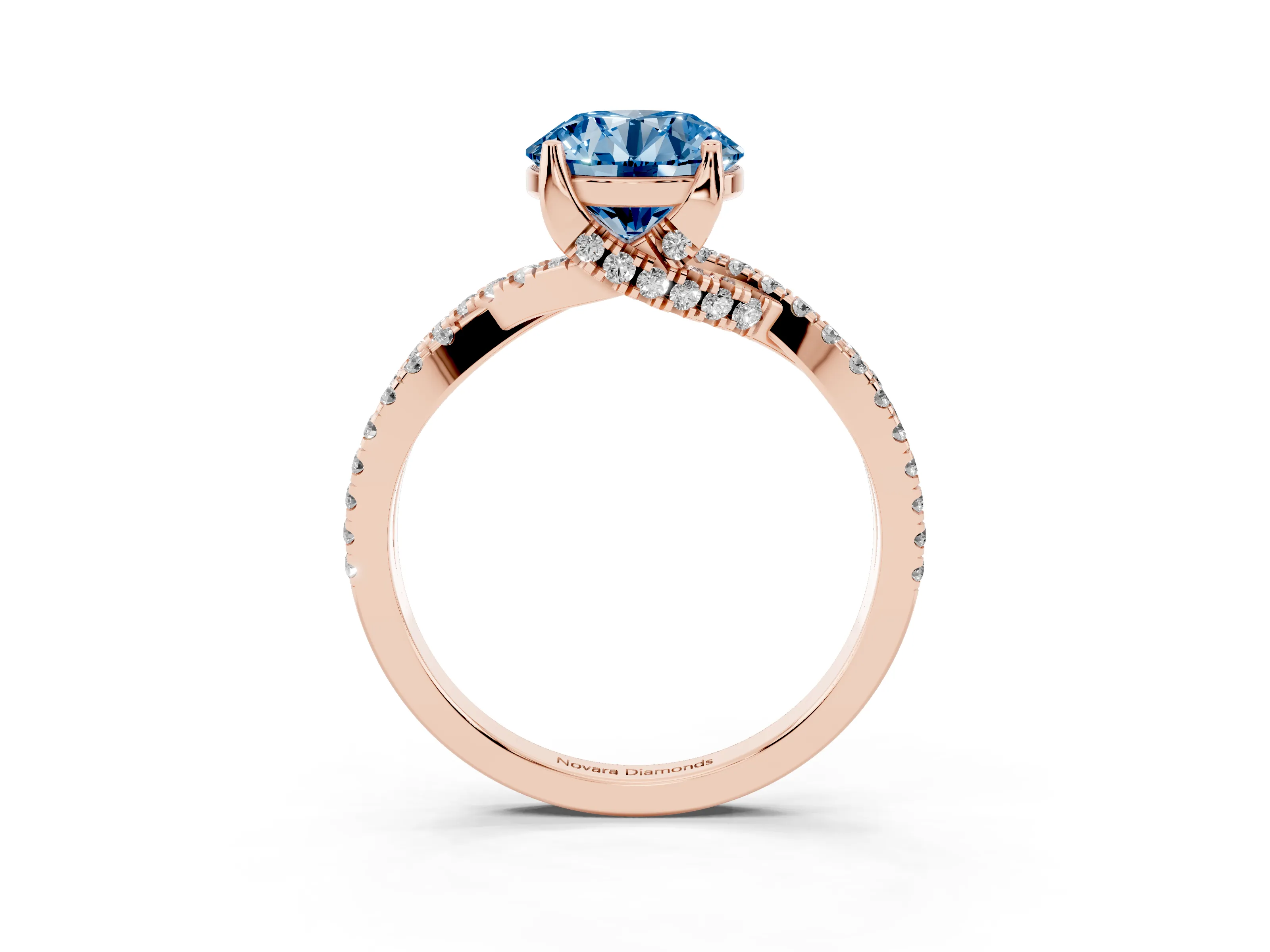 Fancy Blue Round Cut Diamond Twist Pavé Solitaire Engagement Ring Set in Rose gold with Prong Setting
