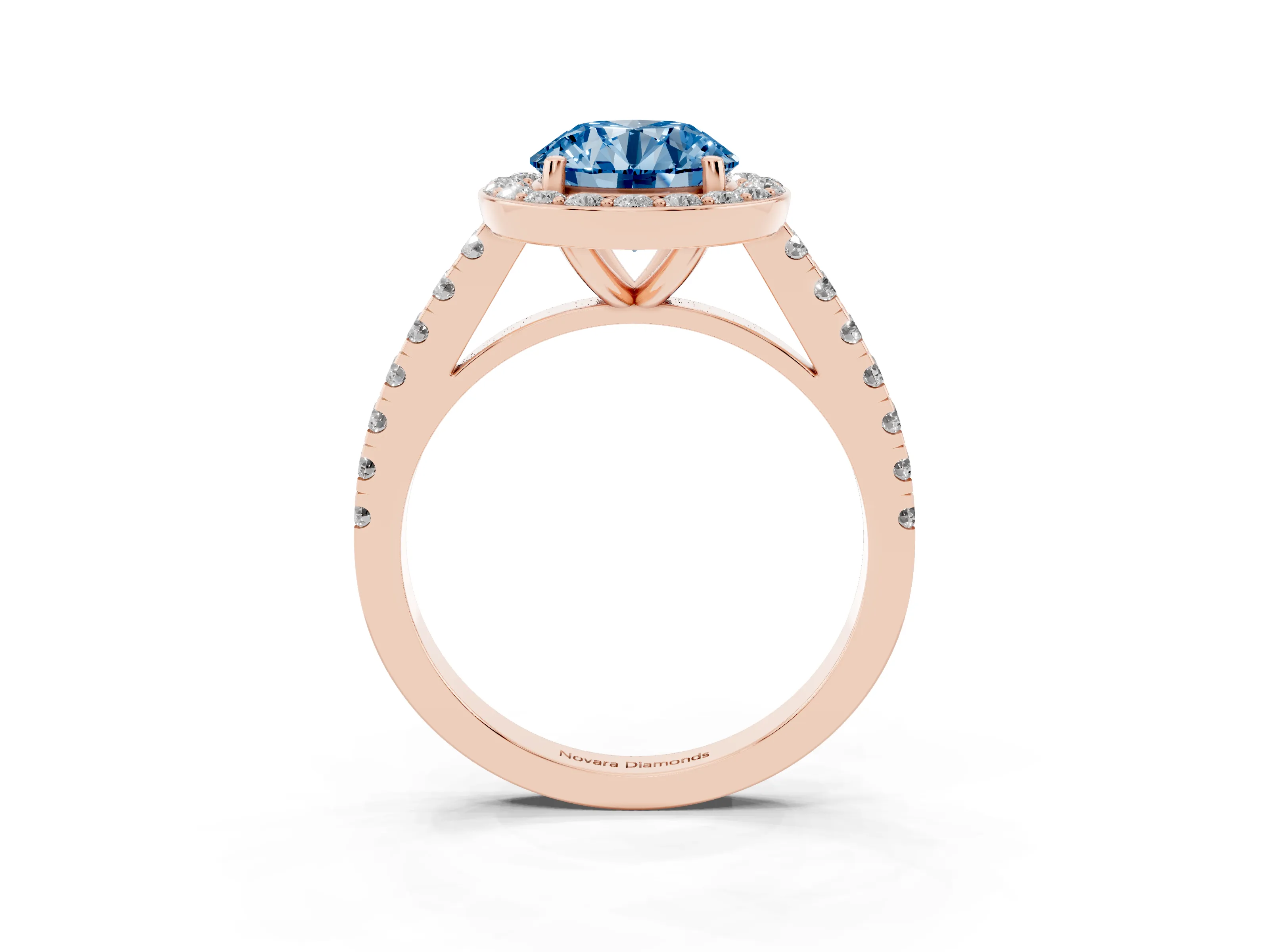 Fancy Blue Round Cut Diamond Halo Ring Set in Rose gold with Round Pavé Split Shank and Prong Setting