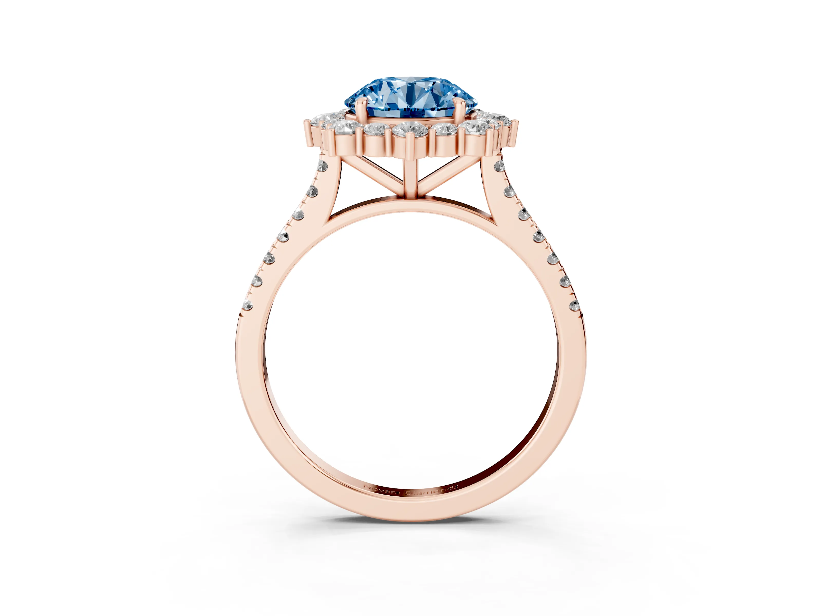 Fancy Blue Round Cut Diamond Halo Ring Set in Rose gold with Pavé Band and Prong Setting
