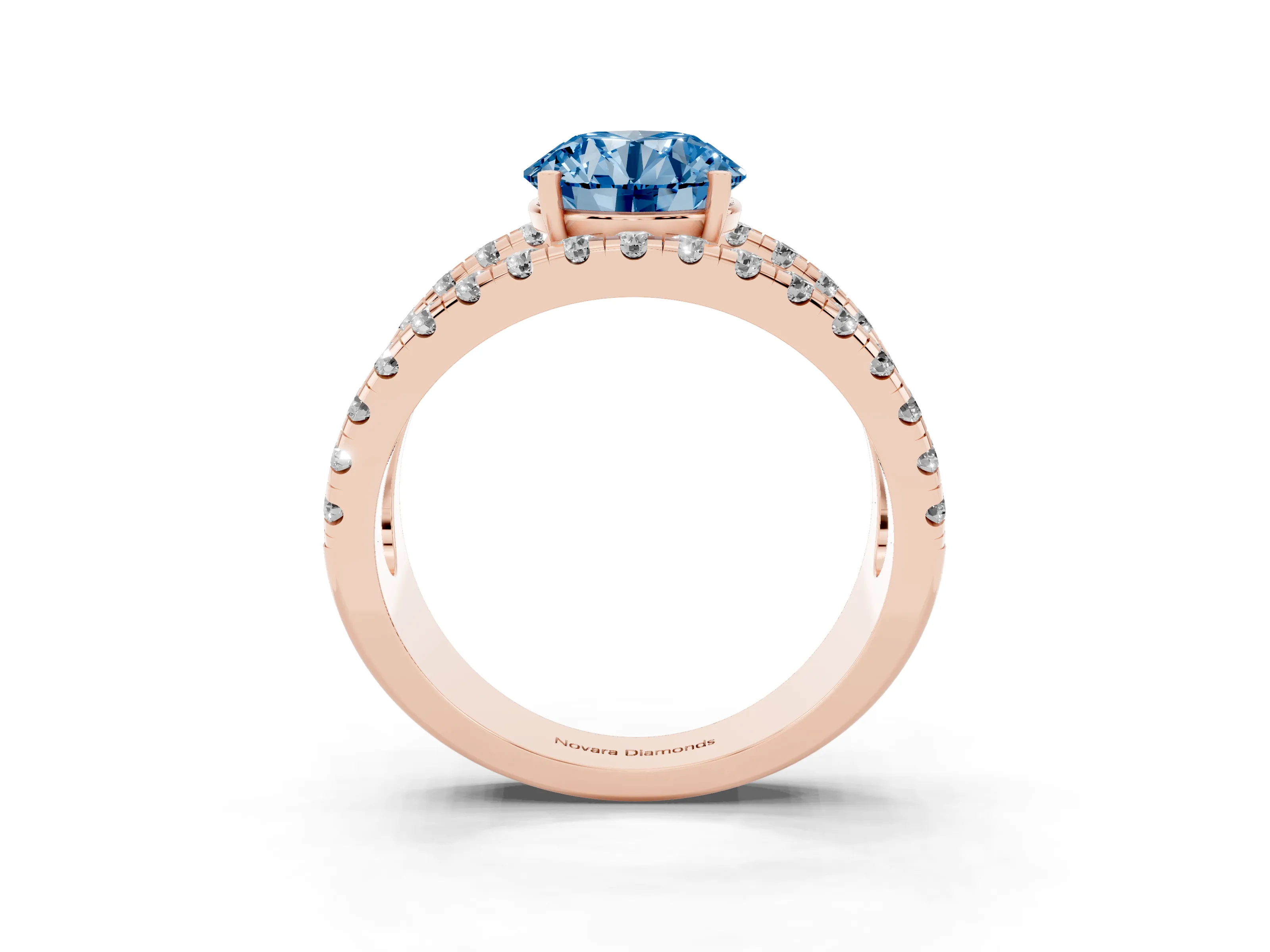 Fancy Blue Round Cut Diamond Split Shank Pavé Solitaire Ring Set in Rose gold with Open Shank Design
