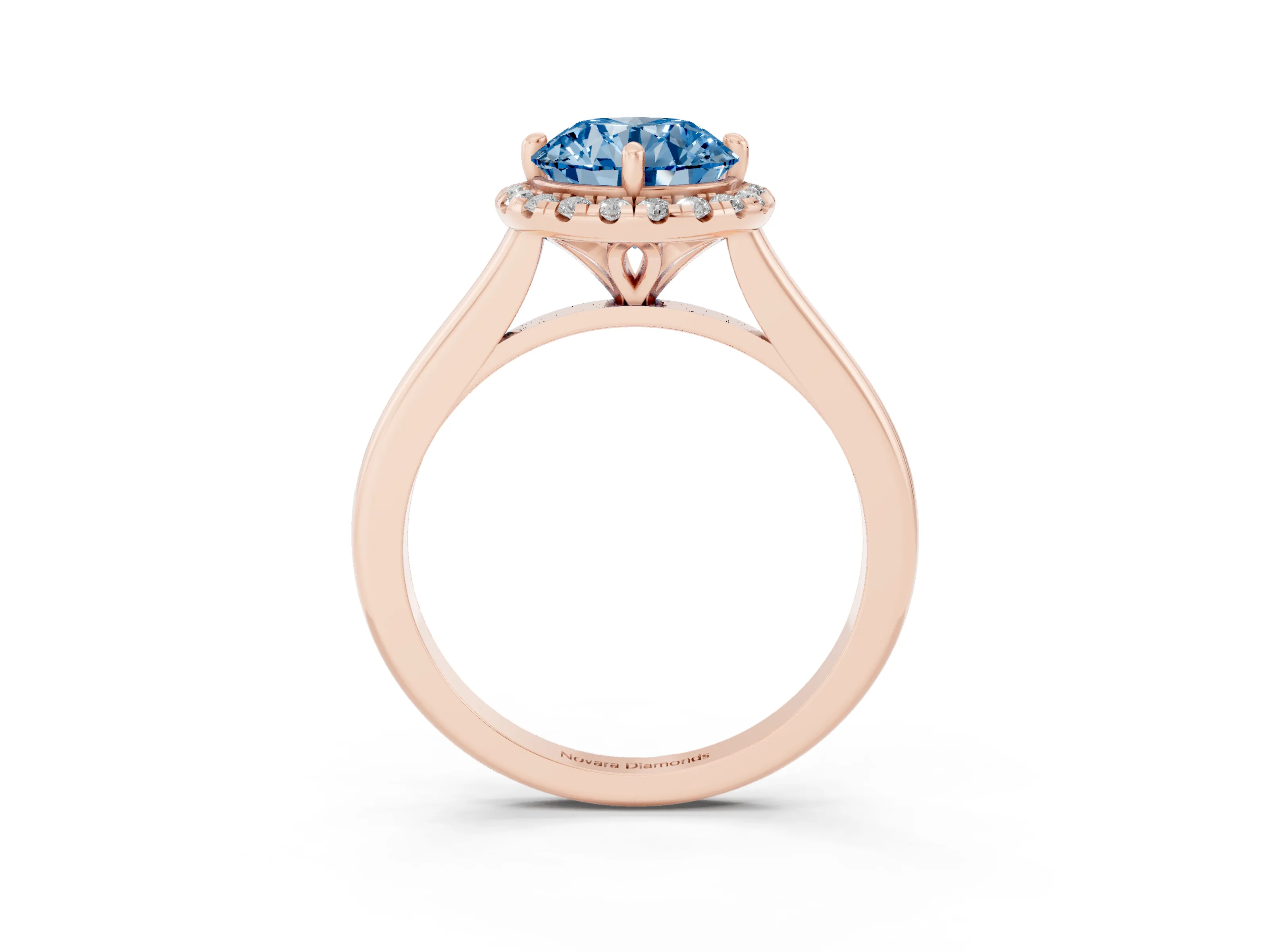 Fancy Blue Round Cut Diamond Halo Engagement Ring Set in Rose gold with Pavé Band and Rising Shoulders