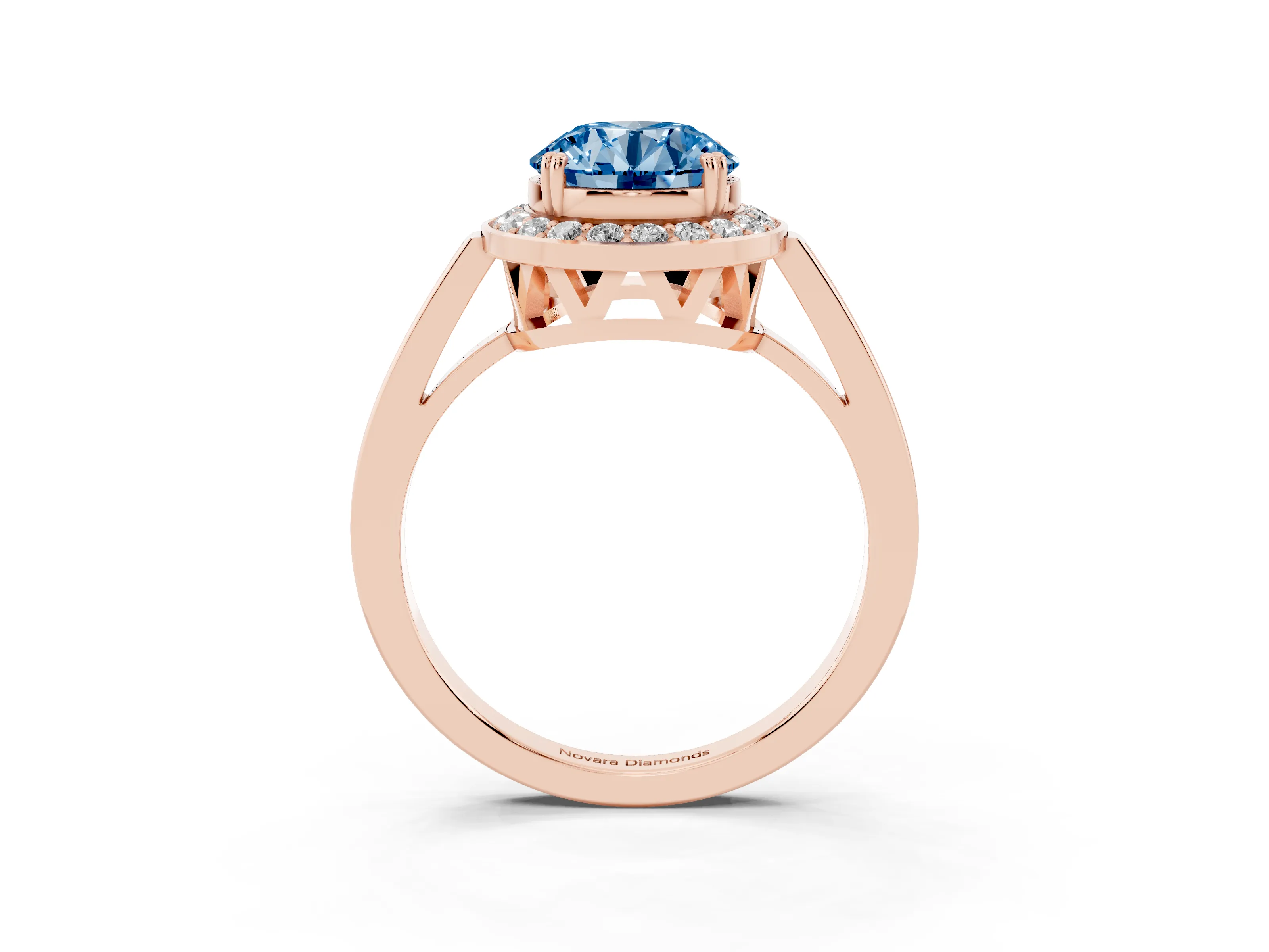 Fancy Blue Round Cut Diamond Halo Ring Set in Rose gold with Accent-Lined Split Shank and Prong Setting