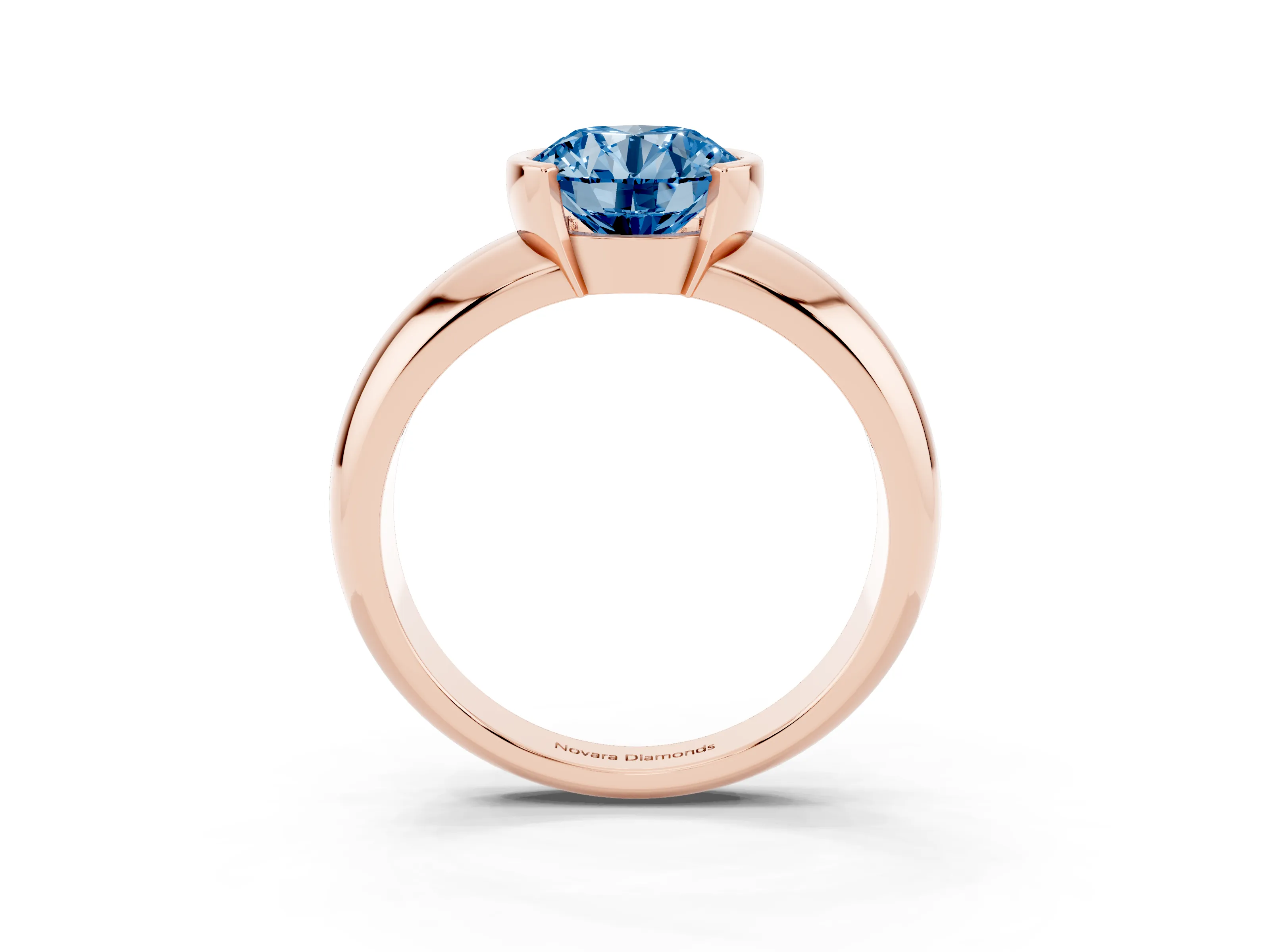 Fancy Blue Round Cut Diamond Solitaire Tension Set Ring Set in Rose gold with Wide Band