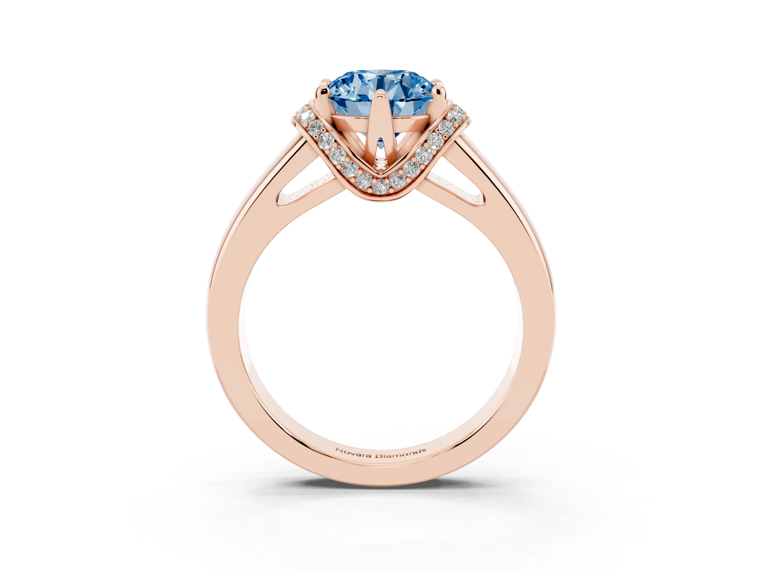 Fancy Blue Round Cut Diamond Pavé Band Solitaire Ring Set in Rose gold with Prong Setting