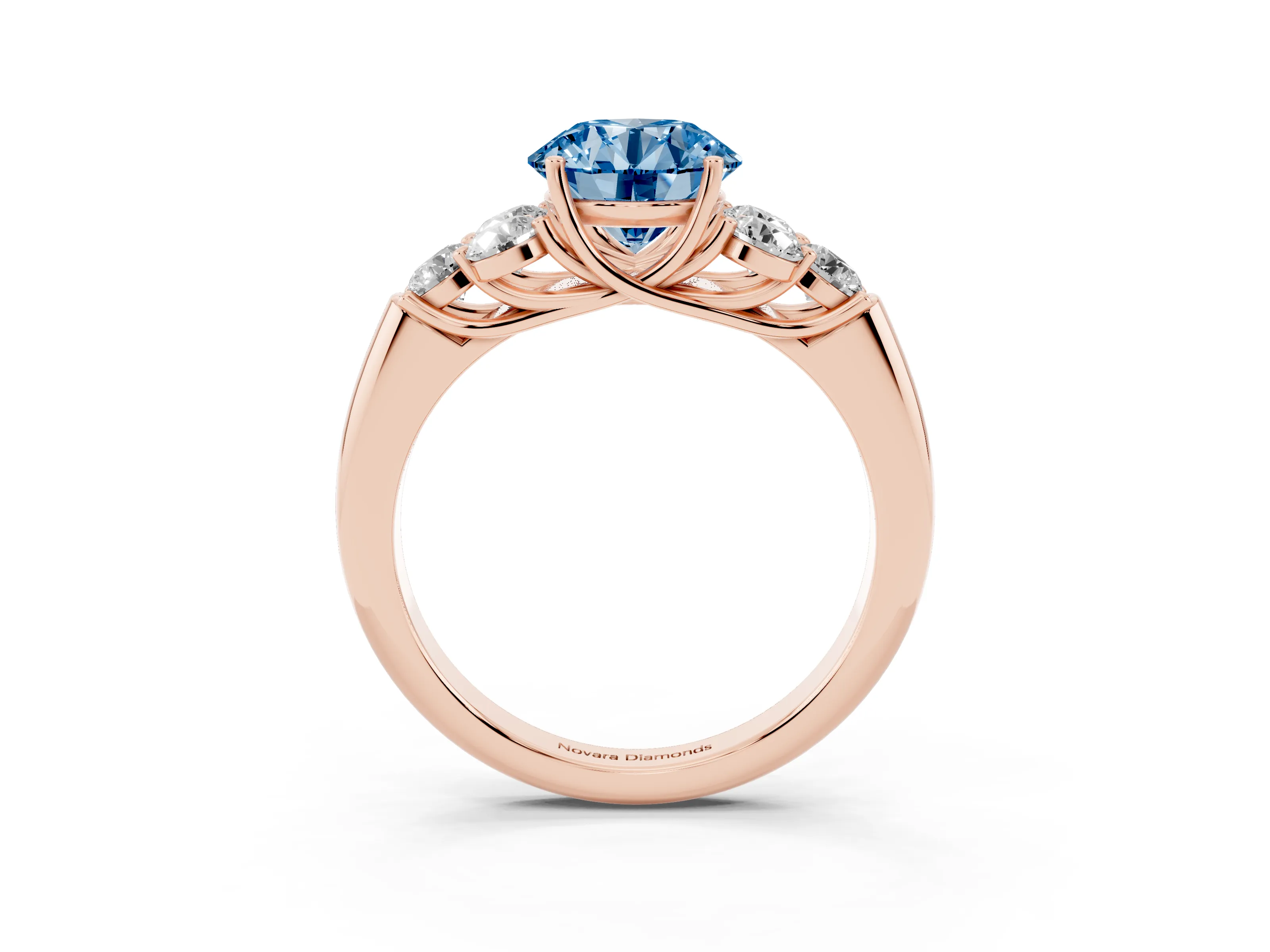 Fancy Blue Round Cut Diamond Cluster Ring Set in Rose gold with Round Accent Stones and Prong Setting on a Plain Band