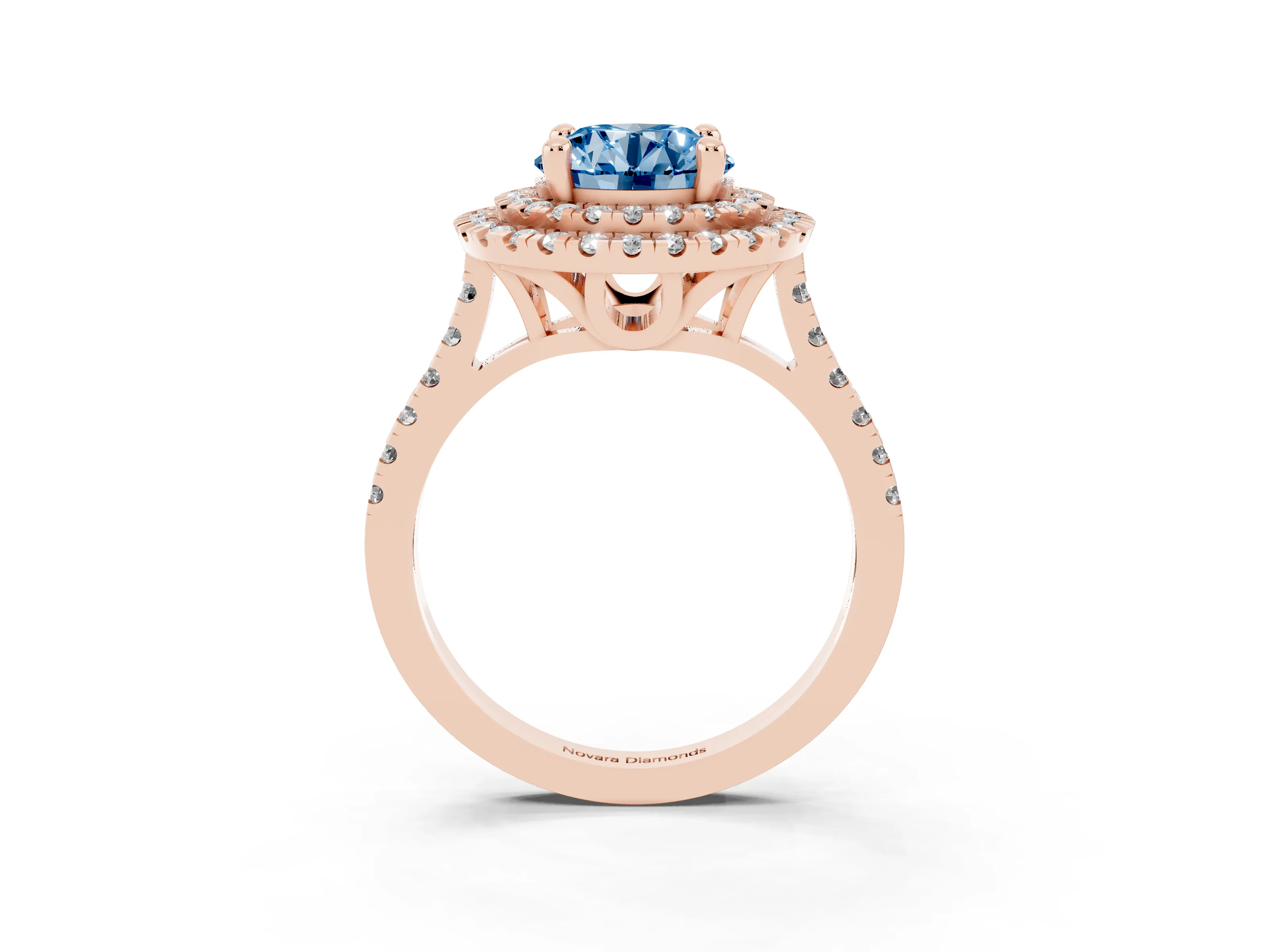 Fancy Blue Round Cut Diamond Double Halo Statement Ring Set in Rose gold with Pavé Band