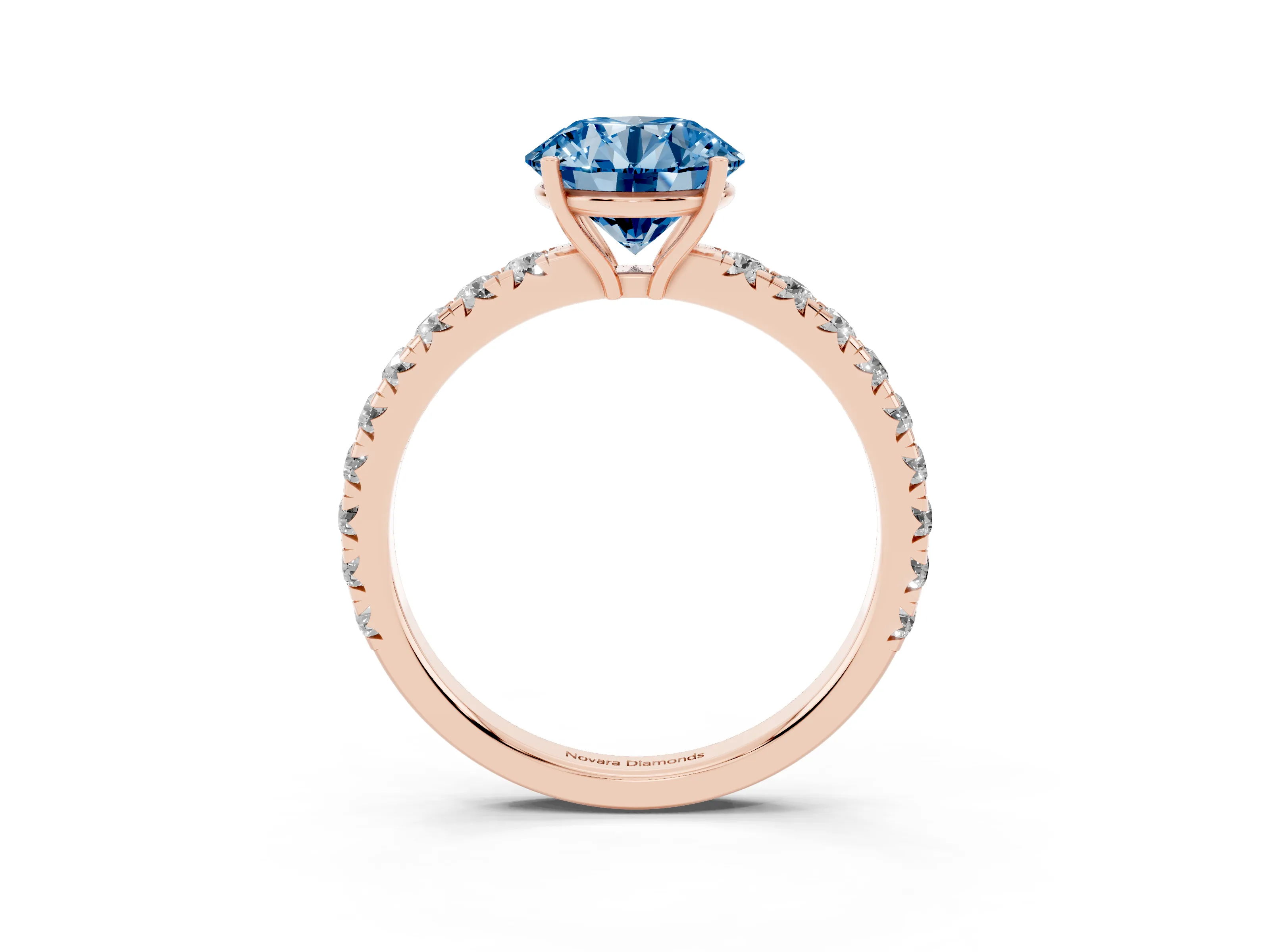Fancy Blue Round Cut Diamond Pavé Solitaire Engagement Ring Set in Rose gold with Prong Setting