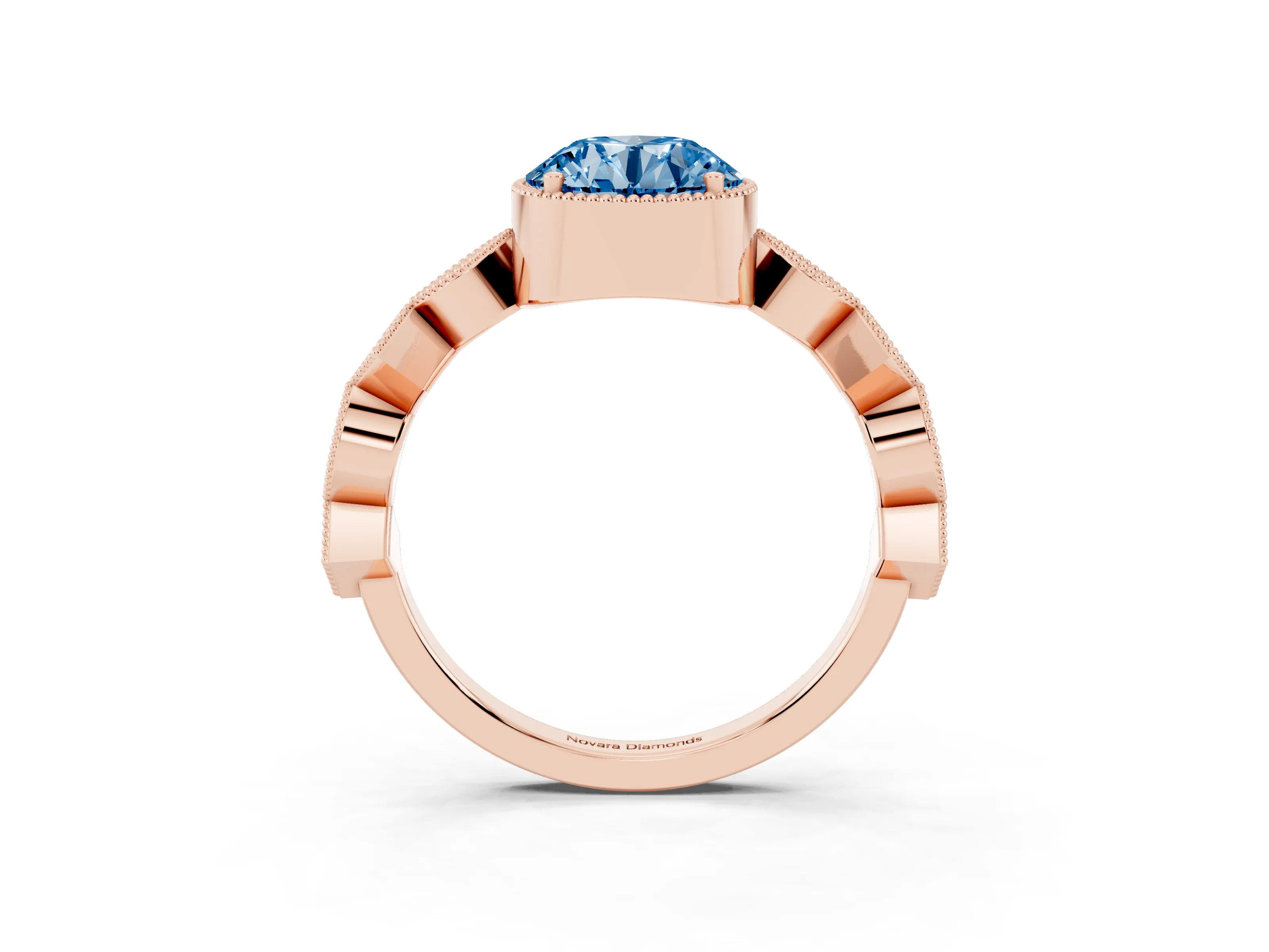 Fancy Blue Round Cut Diamond Milgrain Marquise Twist Band Ring Set in Rose gold with Prong Setting