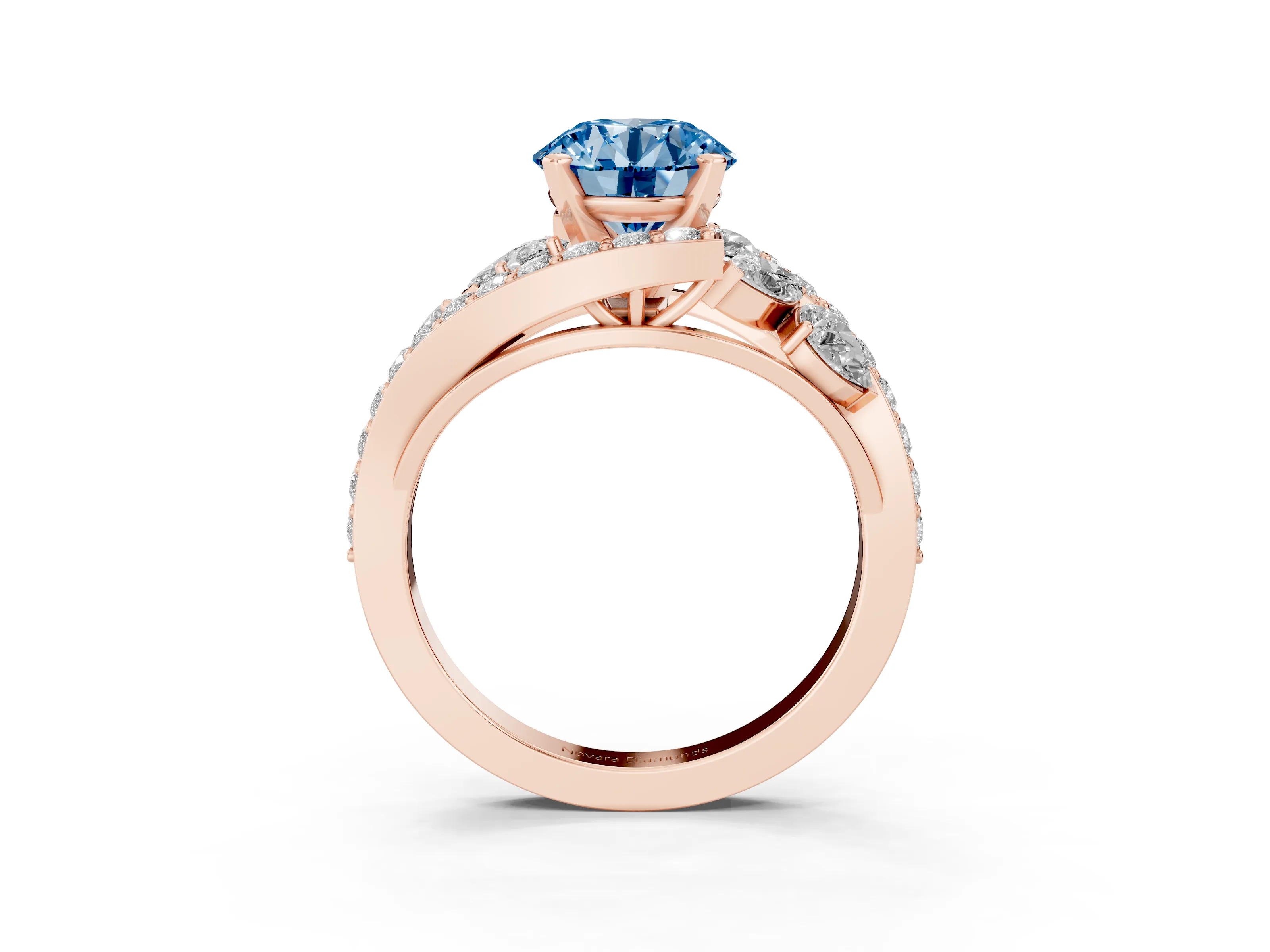 Fancy Blue Round Cut Diamond Halo Ring Set in Rose gold with Marquise and Pavé Band in Prong Setting