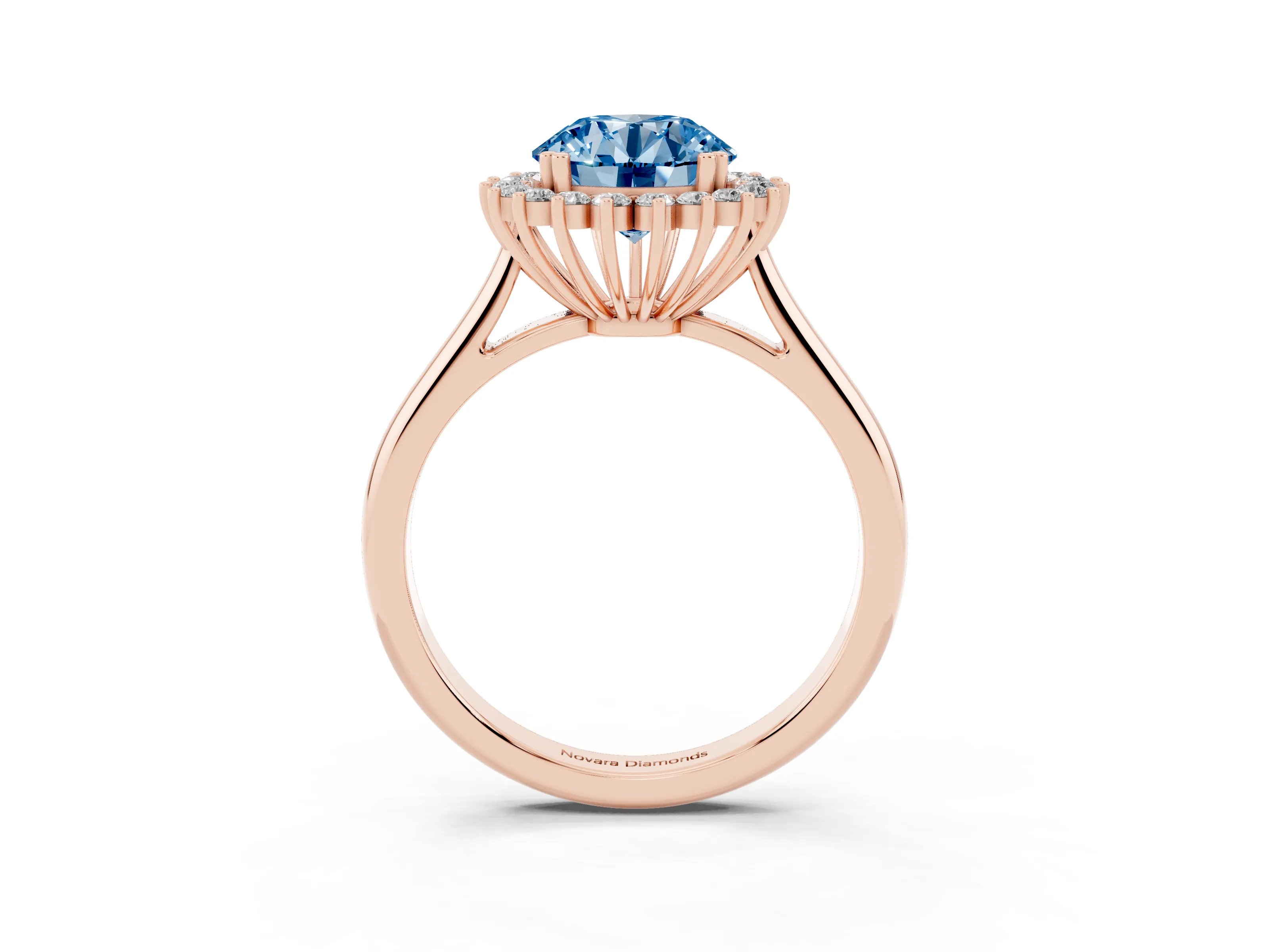 Fancy Blue Round Cut Diamond Halo Ring Set in Rose gold with Plain Solitaire Band and Prong Setting