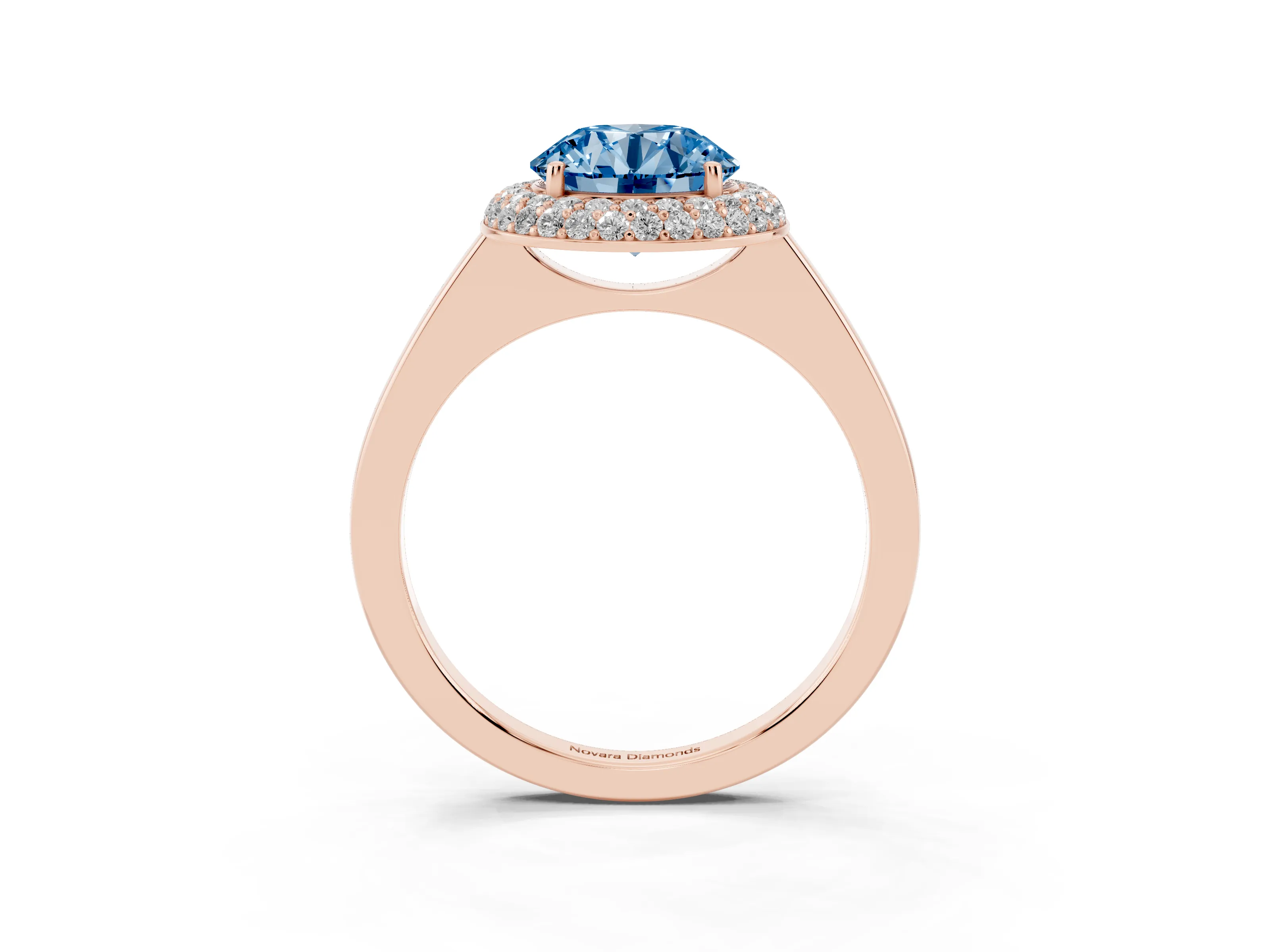 Fancy Blue Round Cut Diamond Halo Engagement Ring Set in Rose gold with Solitaire Band and Prong Setting