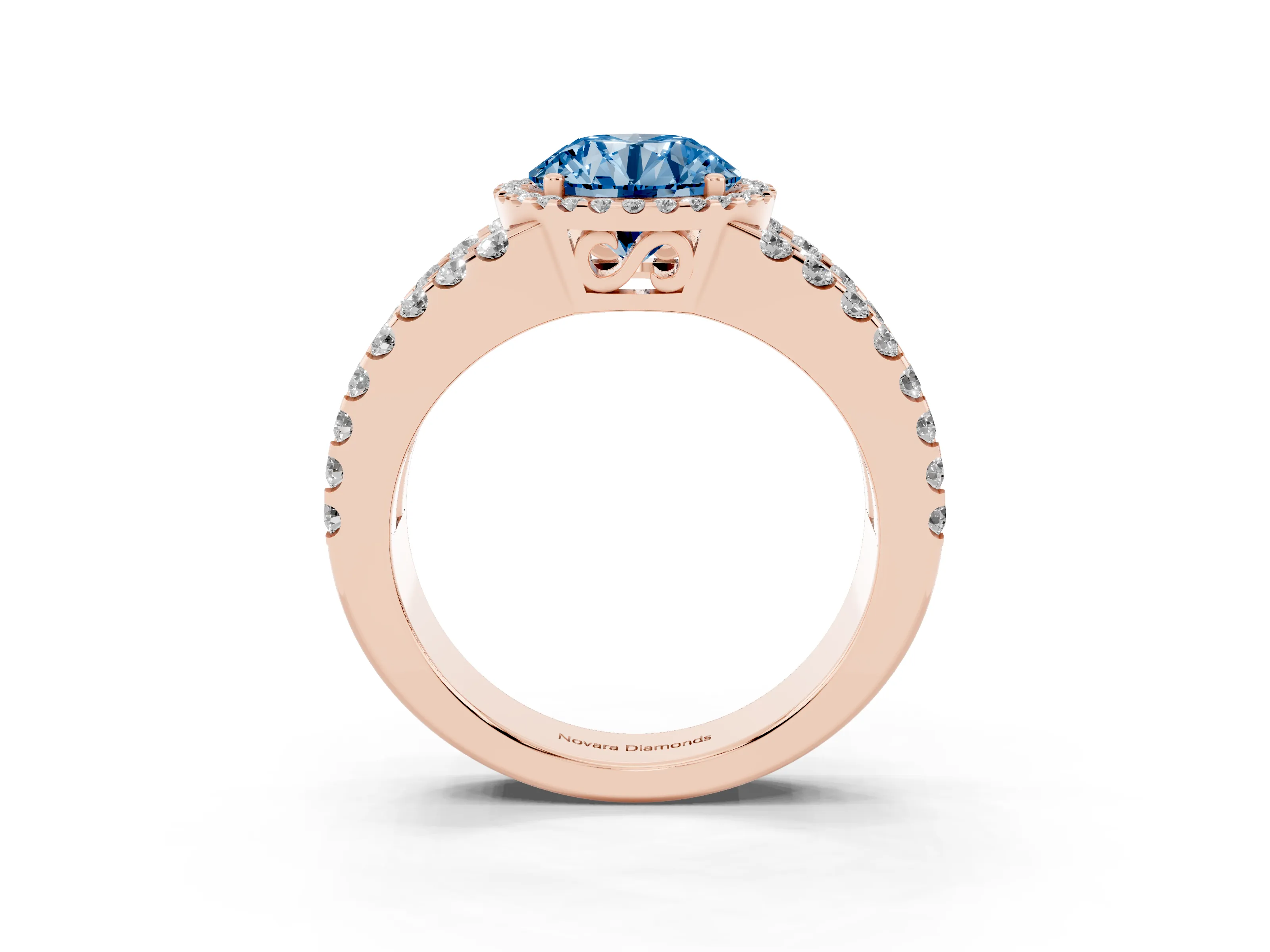 Fancy Blue Round Cut Diamond Halo Ring Set in Rose gold with Pavé Split Shank and Prong Setting