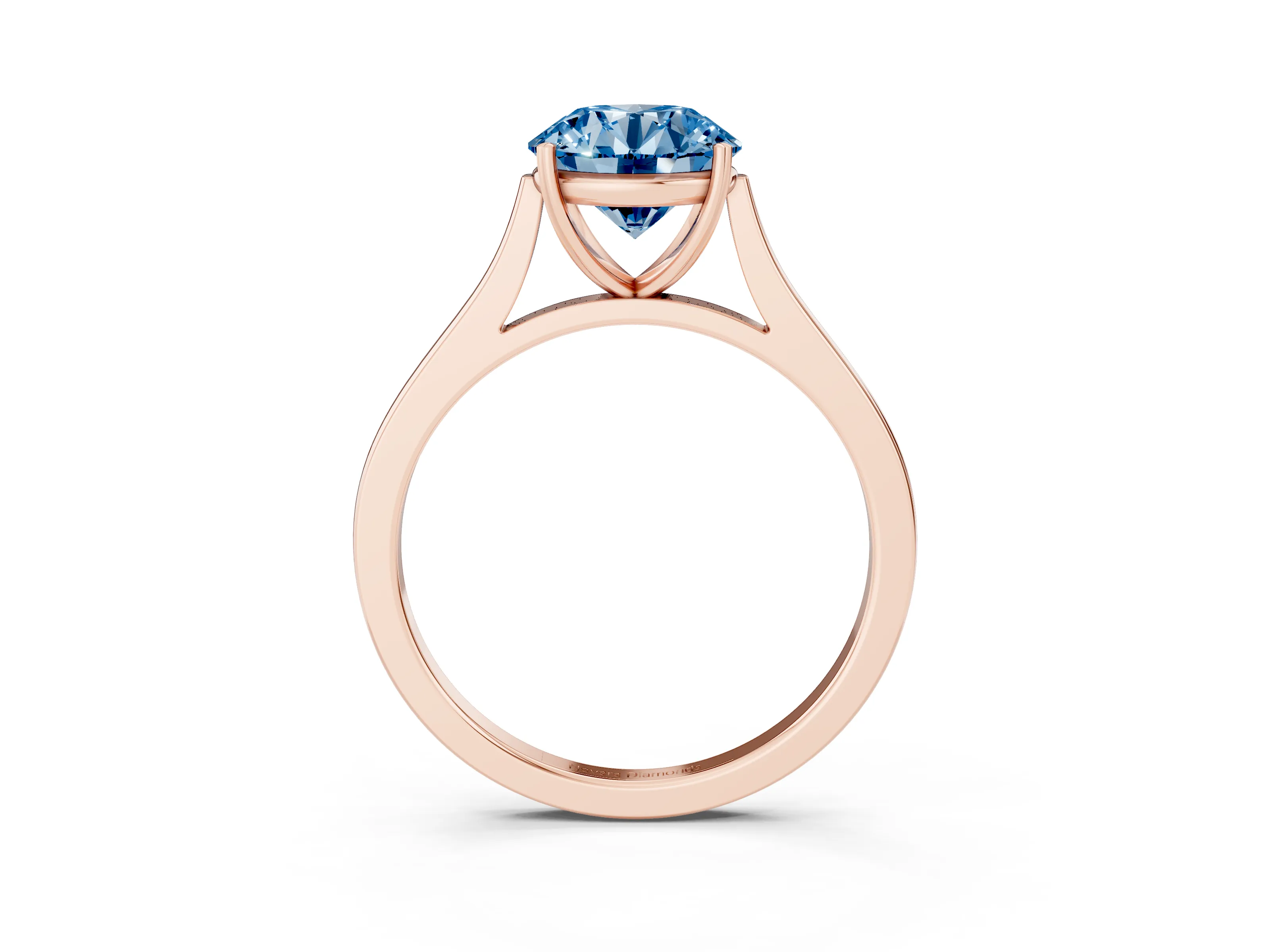 Fancy Blue Round Cut Diamond Solitaire Heart Prong Engagement Ring Set in Rose gold with Tapered Band