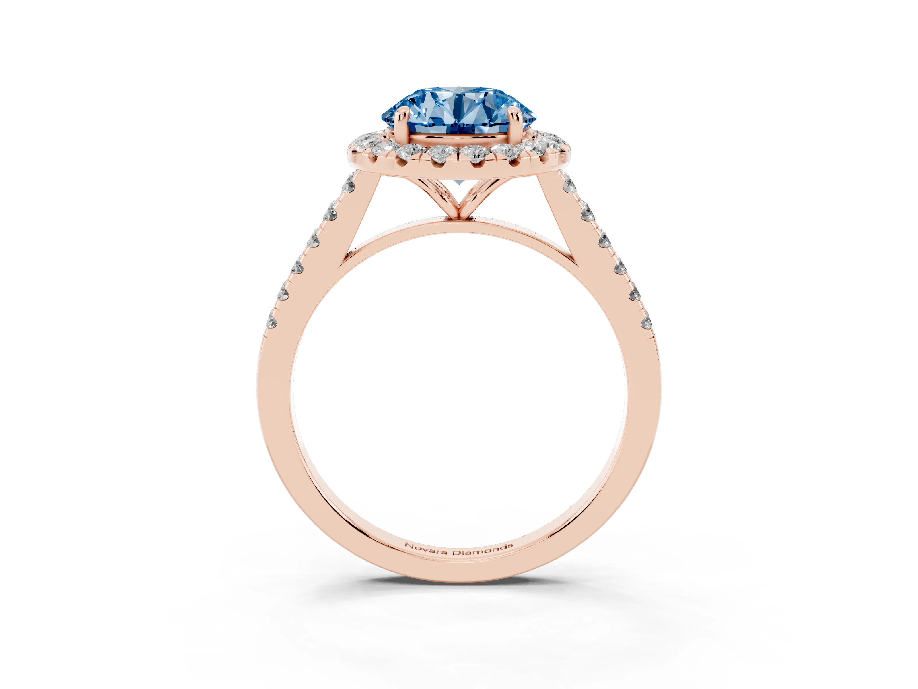 Fancy Blue Round Cut Diamond Halo Pavé Engagement Ring Set in Rose gold with Prong Setting