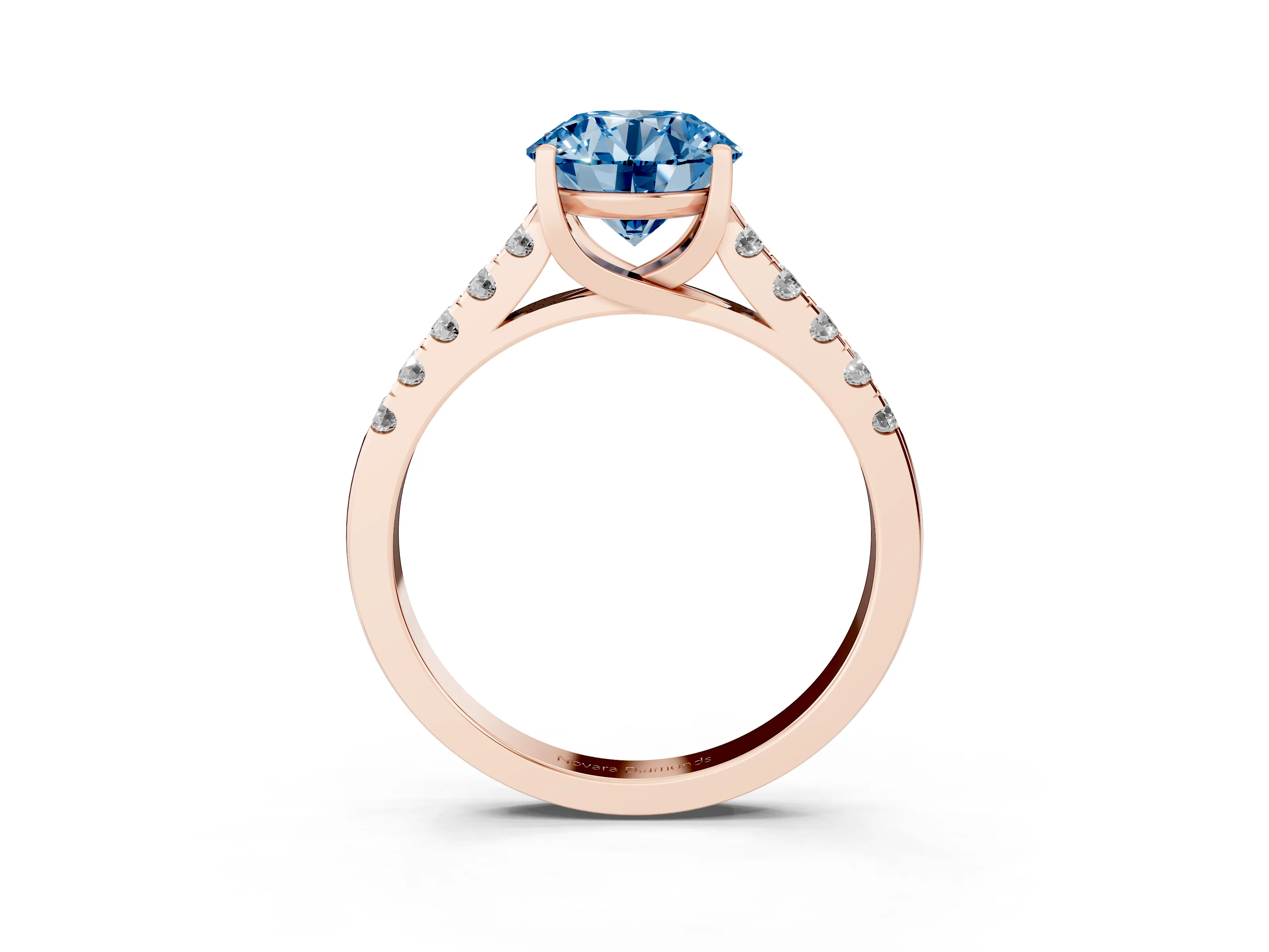 Fancy Blue Round Cut Diamond Pavé Band Solitaire Ring Set in Rose gold with Partway Accent Stones and Prong Setting
