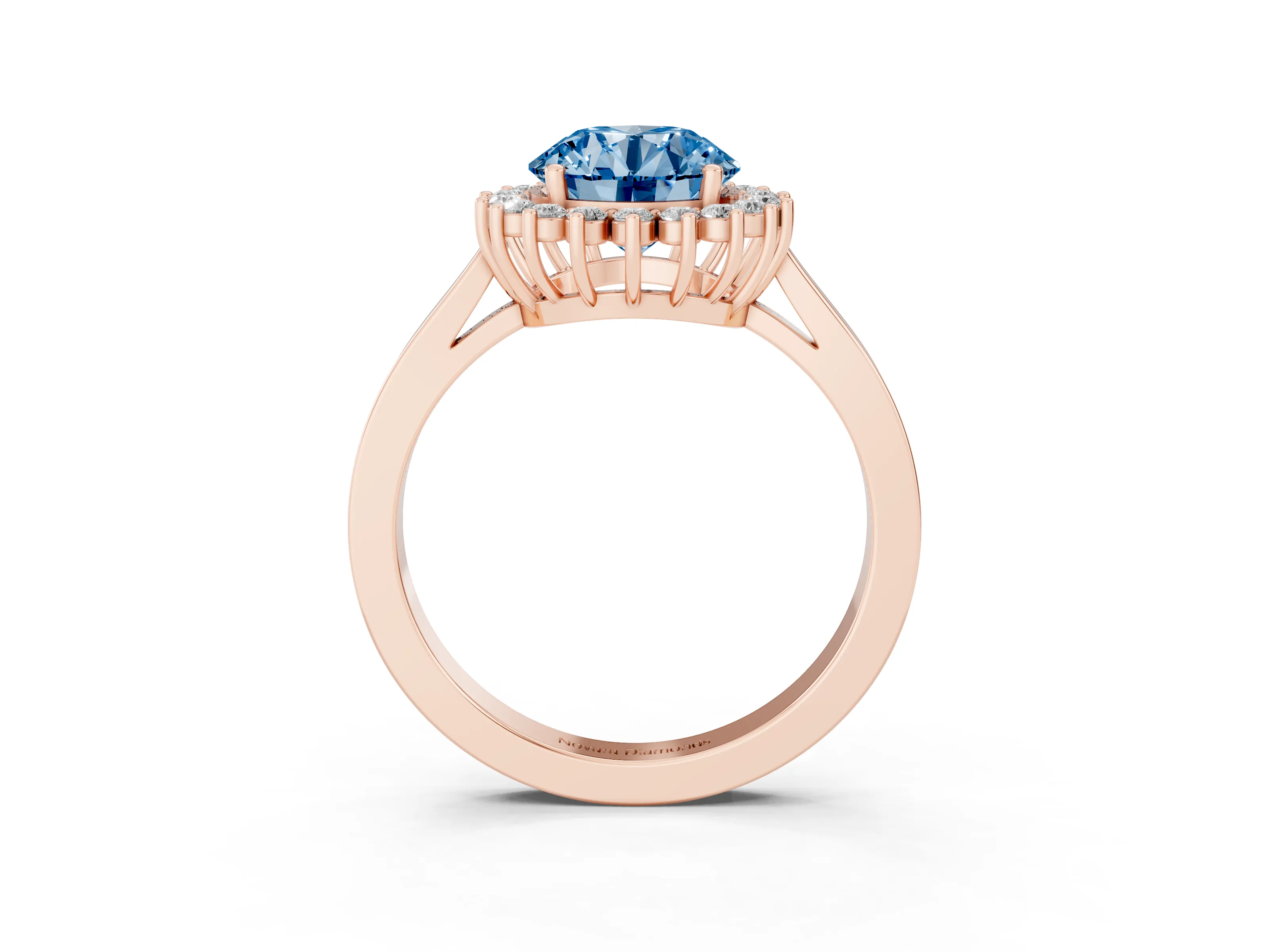 Fancy Blue Round Cut Diamond Halo Ring Set in Rose gold with Round Halo and Smooth Solitaire Band