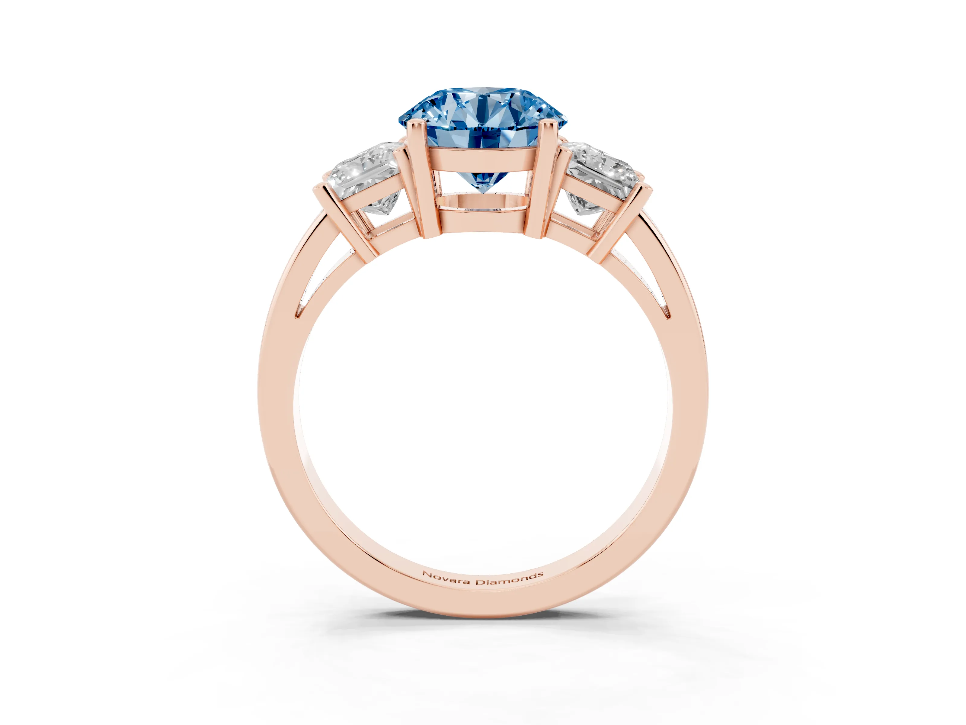 Fancy Blue Three-Stone Round Cut Diamond Solitaire Ring Set in Rose gold with Prong Setting