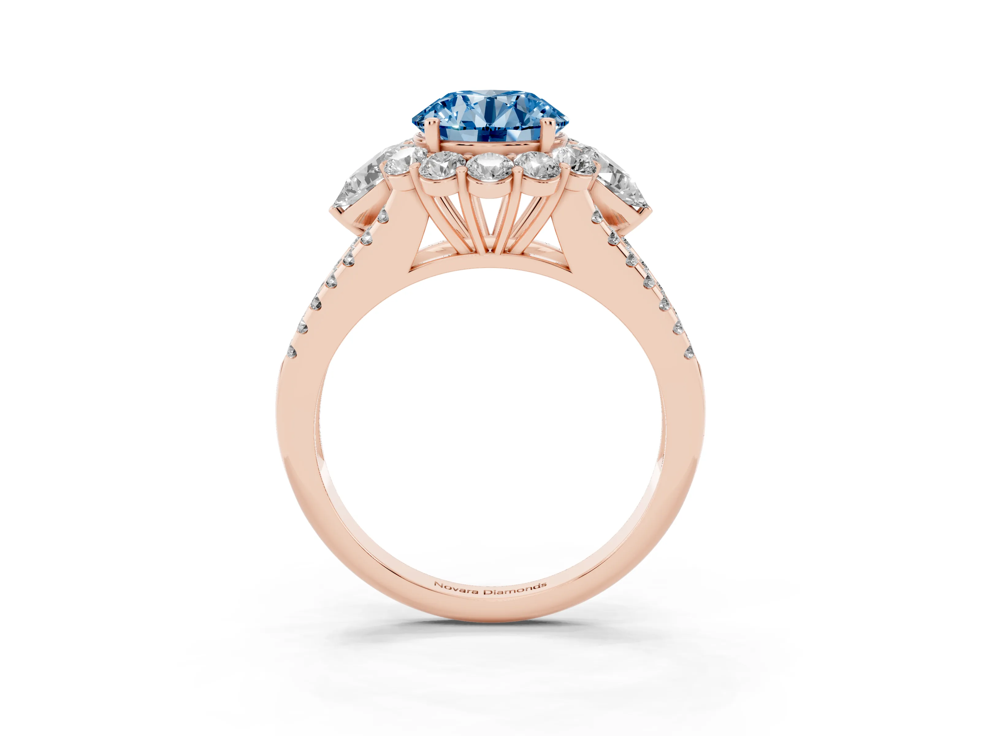 Fancy Blue Round Cut Diamond Halo Split Shank Engagement Ring Set in Rose gold with Prong-Held Center Stone