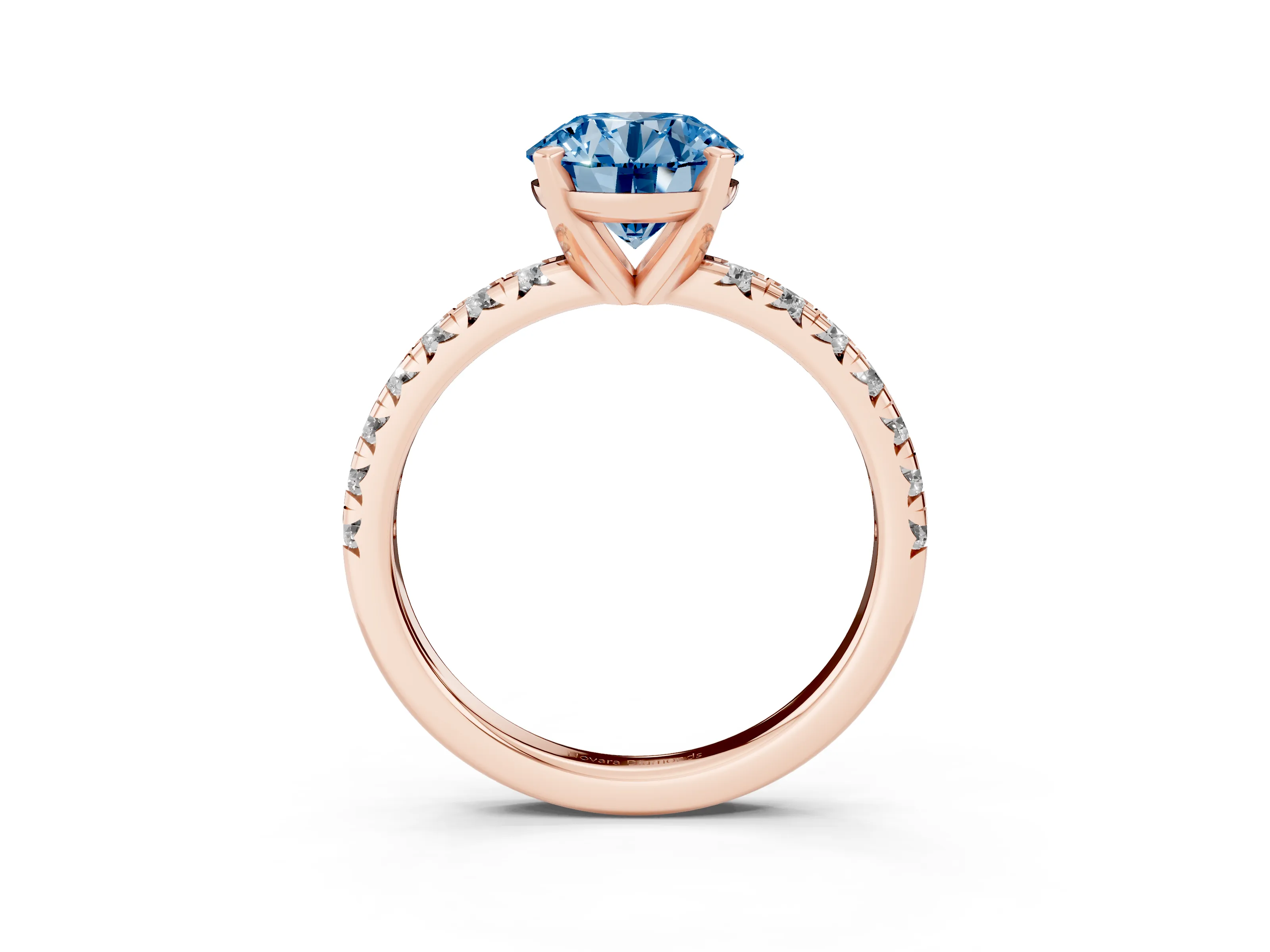 Fancy Blue Round Cut Diamond Solitaire Pavé Engagement Ring Set in Rose gold with Round Band and Prong Setting