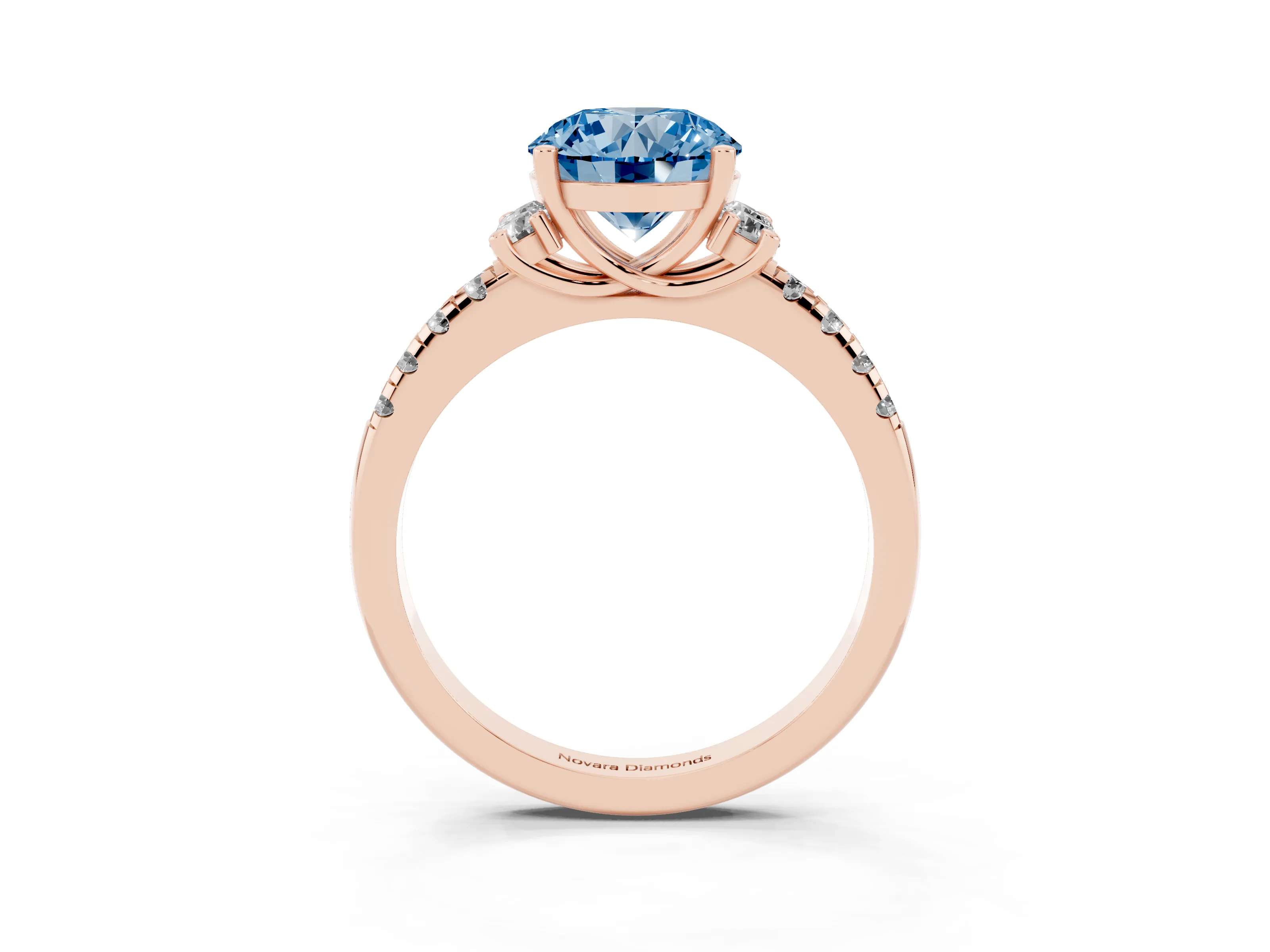 Fancy Blue Round Cut Diamond Three-Stone Pavé Ring Set in Rose gold with Prong Setting