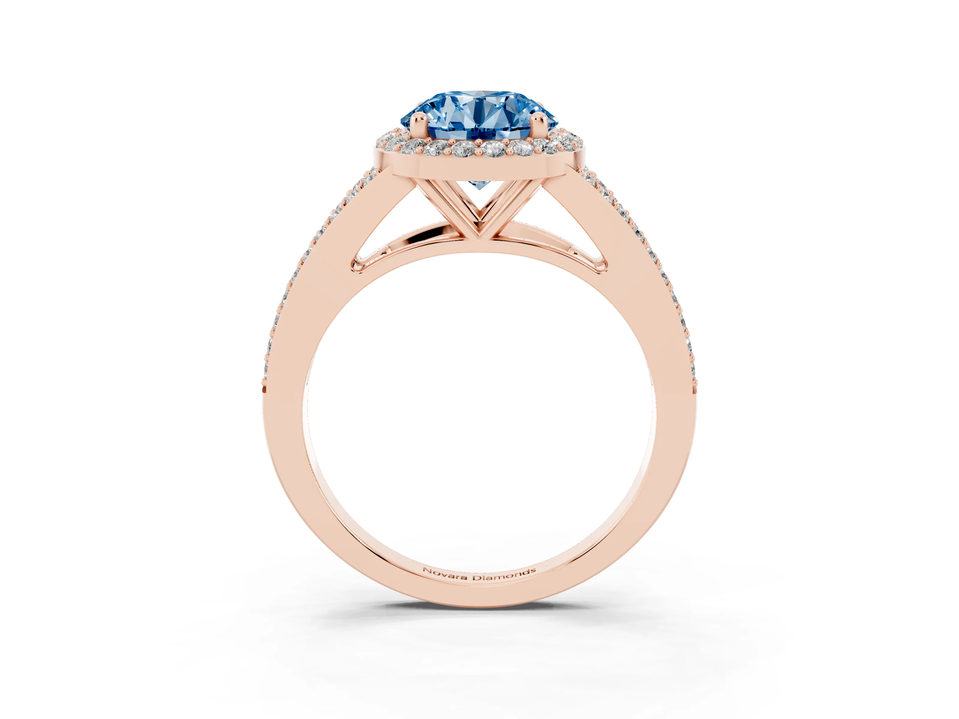 Fancy Blue Round Cut Diamond Halo Split Shank Pavé Ring Set in Rose gold with Prong Setting