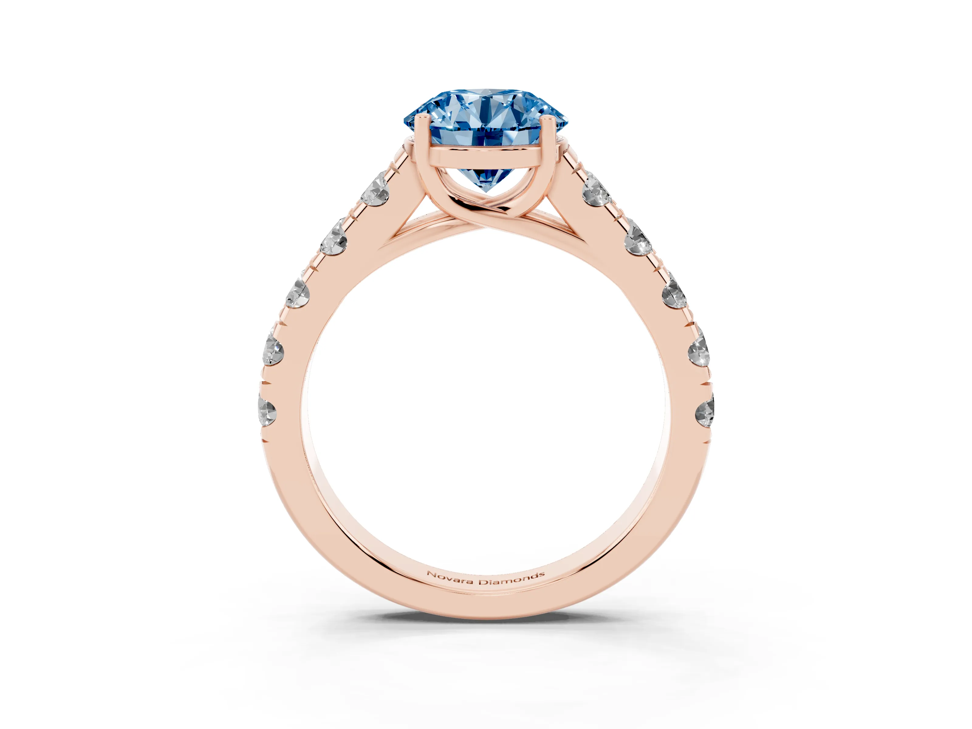 Fancy Blue Round Cut Diamond Solitaire Ring Set in Rose gold with Cut-Down Micro Pavé Band and Prong Setting
