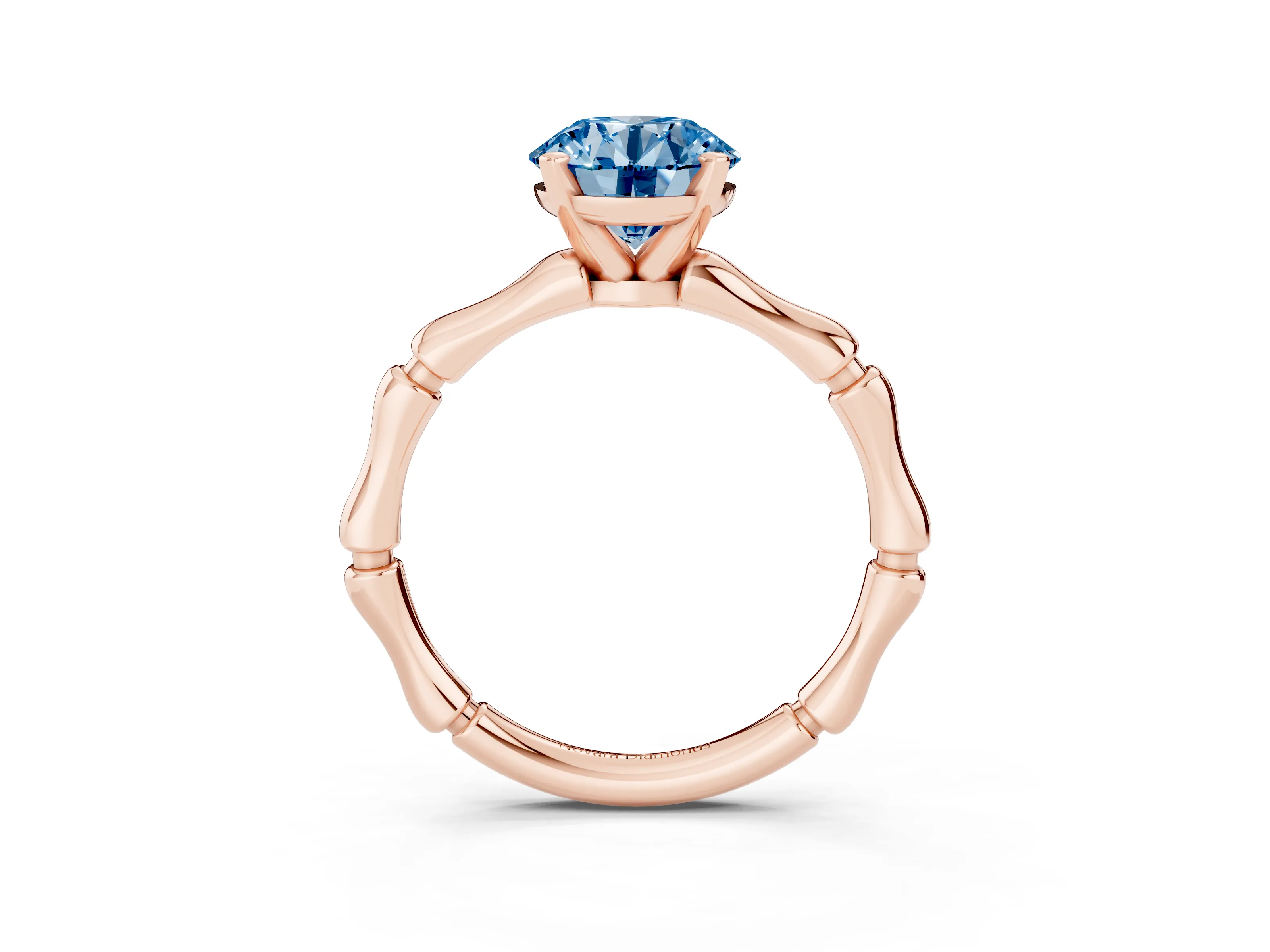 Fancy Blue Round Cut Diamond Solitaire Ring Set in Rose gold with Bamboo Band and Prong Setting
