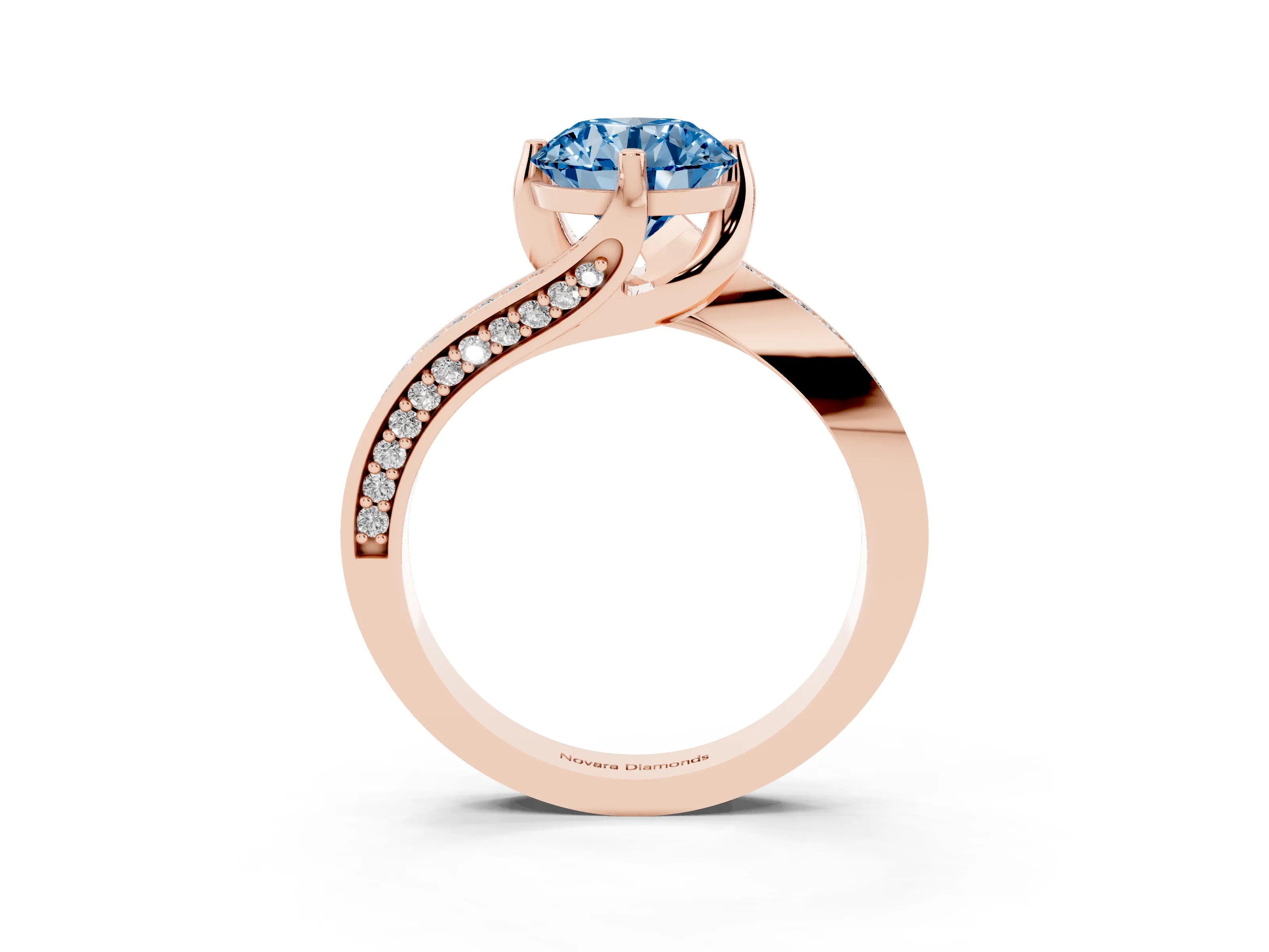 Fancy Blue Round Cut Diamond Solitaire Ring Set in Rose gold with Intertwined Pavé Twist Band